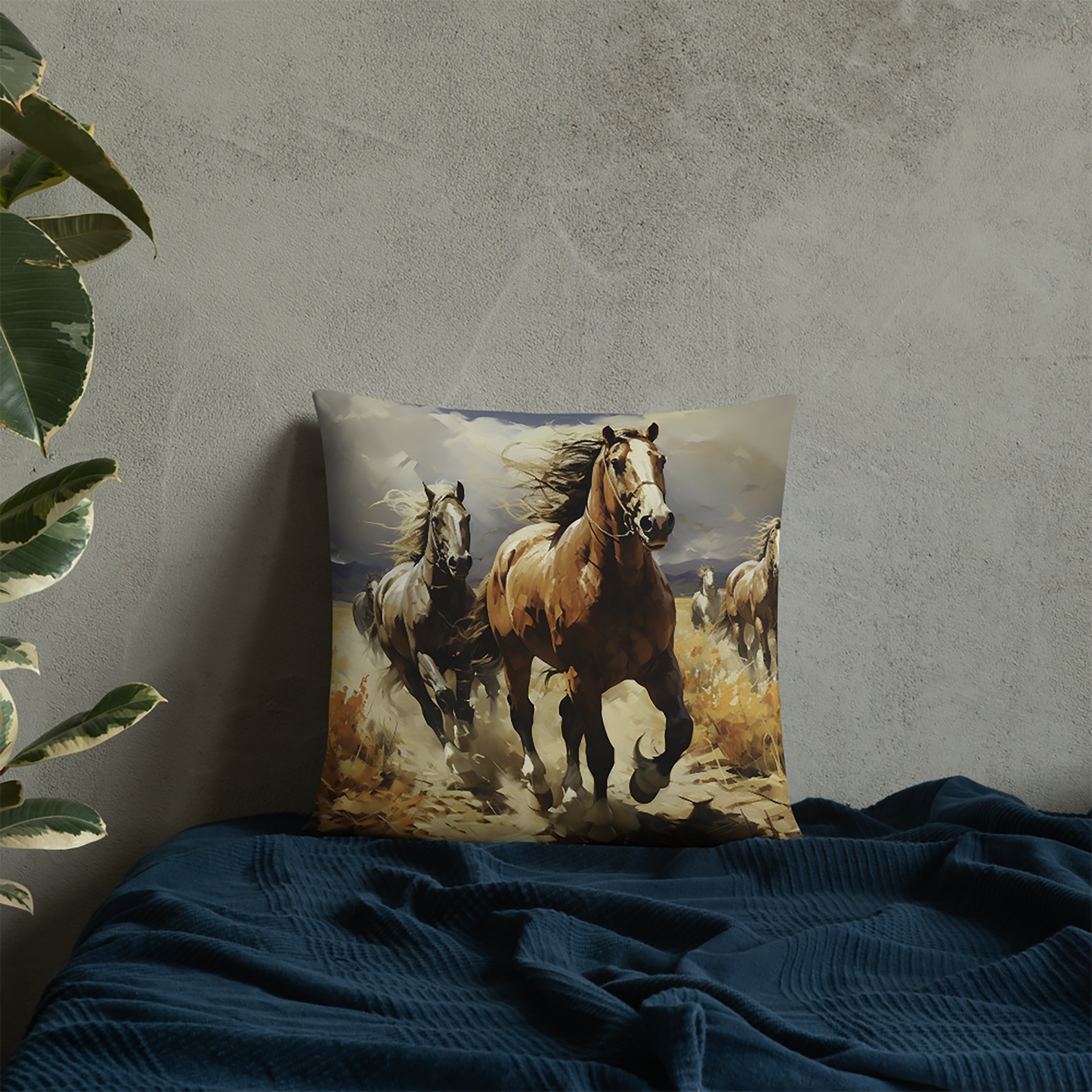 Horse Throw Pillow Cloudy Day Galloping Herd Polyester Decorative Cushion 18x18
