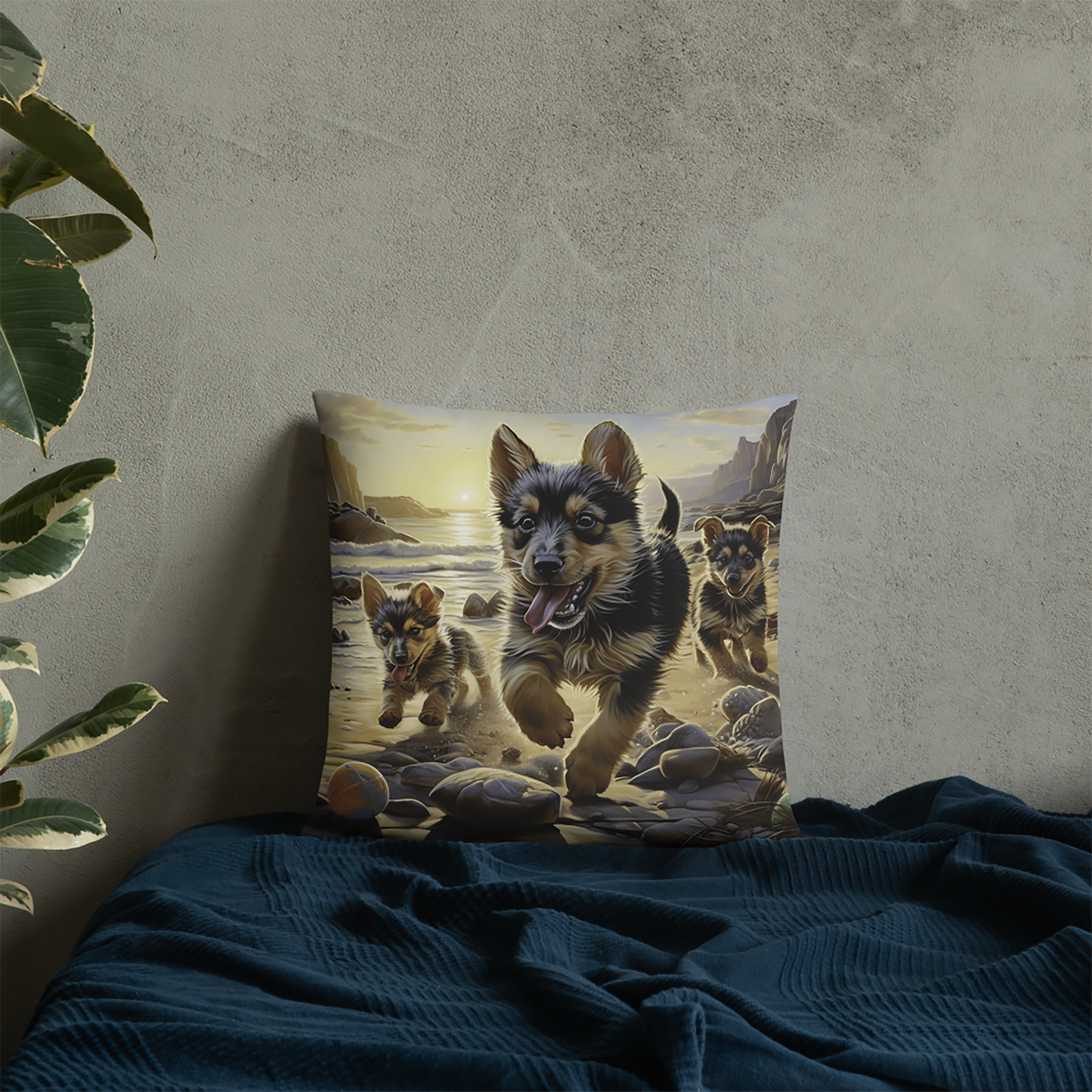 Dog Throw Pillow Joyful Puppies Beach Portraits Polyester Decorative Cushion 18x18