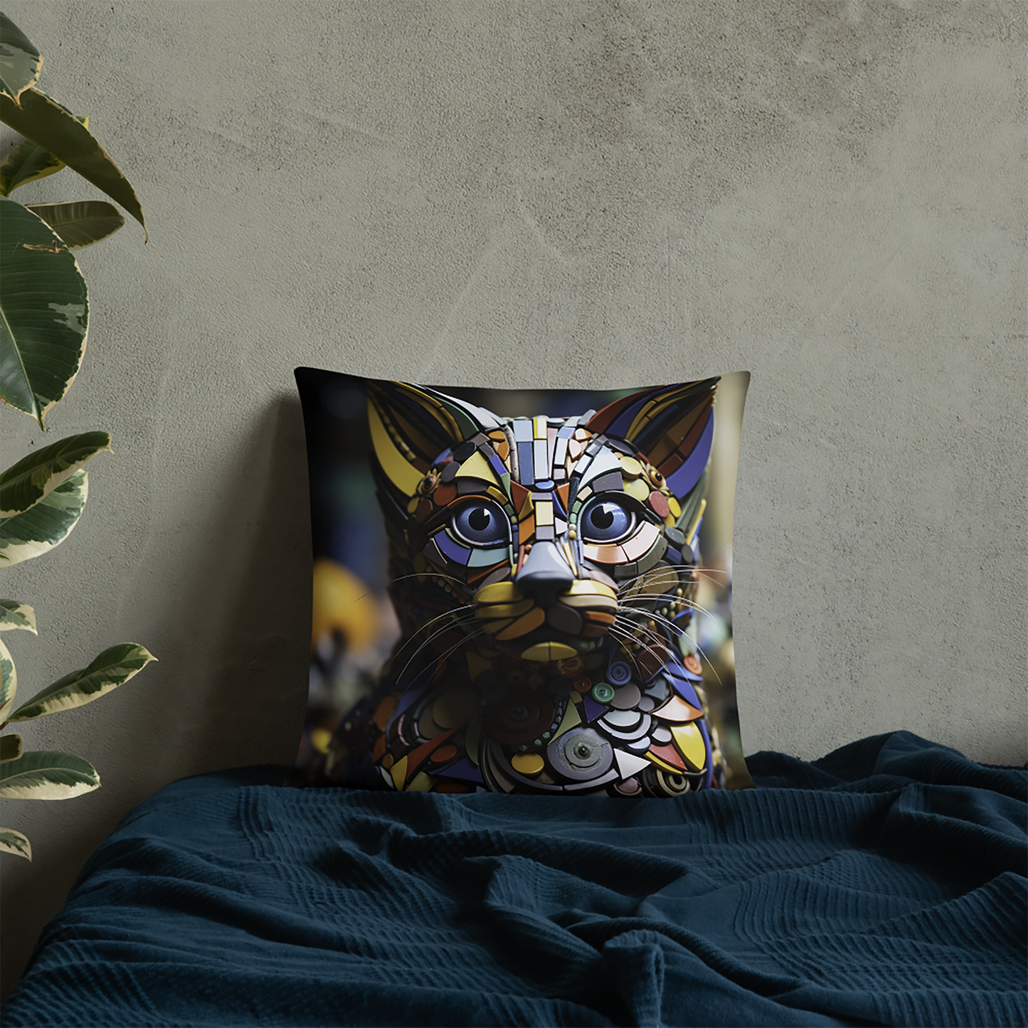 Cat Throw Pillow Metal Mosaic Feline Artistic Pillow Display Polyester Decorative Cushion 18x18
