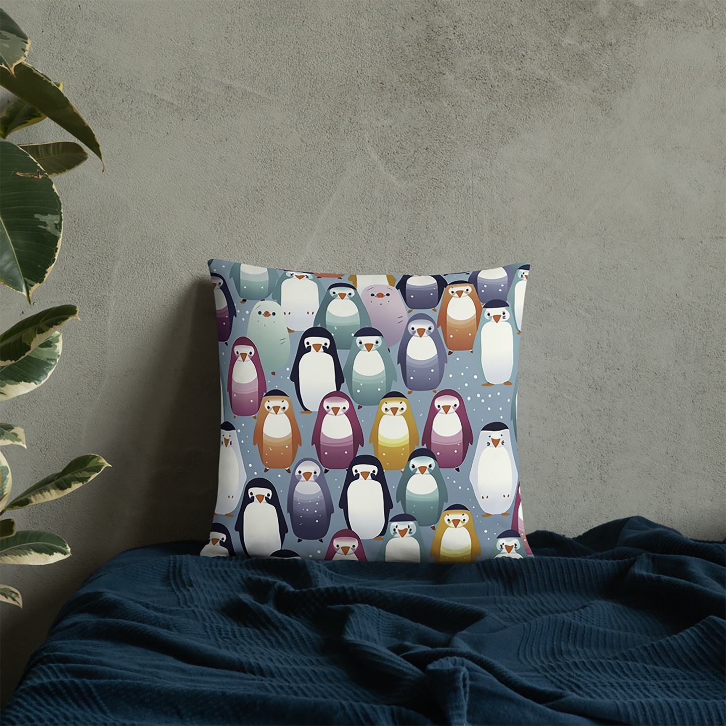 Bird Throw Pillow Snowy Penguin Pattern Art Polyester Decorative Cushion 18x18