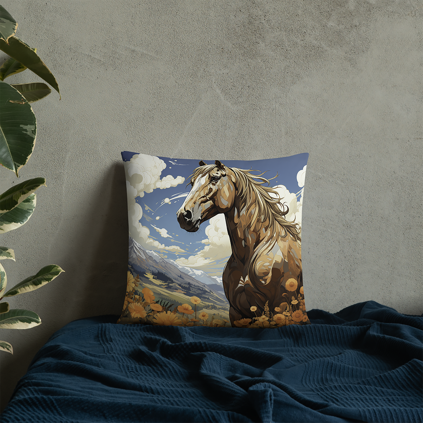 Horse Throw Pillow Sunflower Field Horse Illustration Polyester Decorative Cushion 18x18