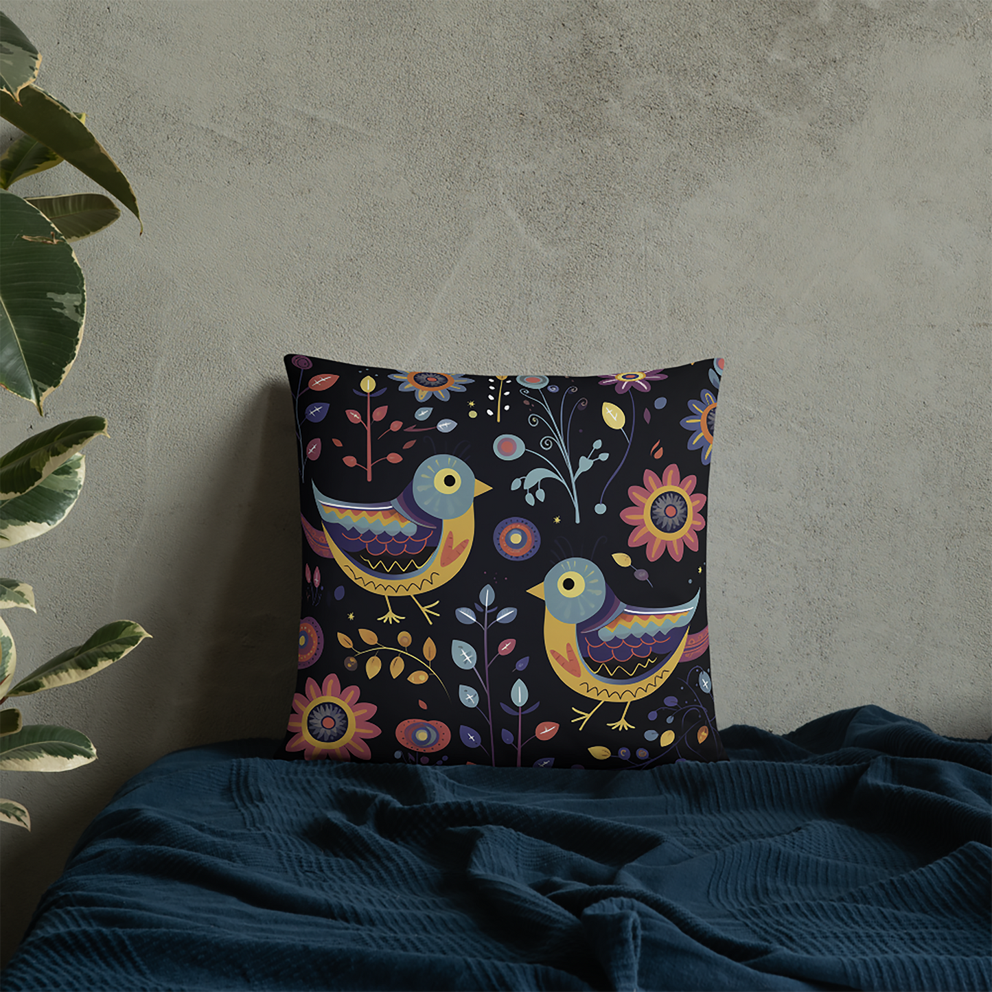 Bird Throw Pillow Vibrant Mexican Folk Art Polyester Decorative Cushion 18x18