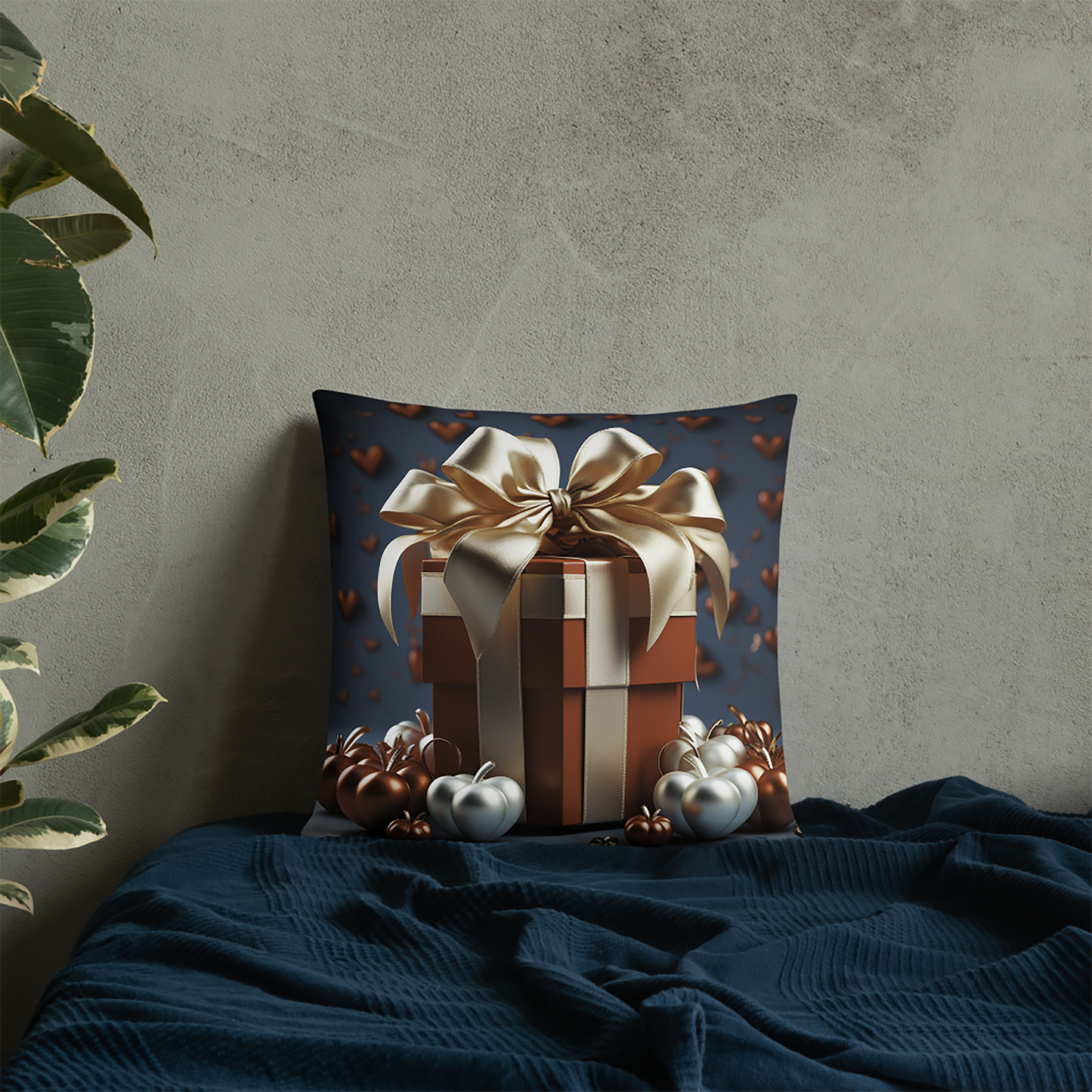 Heart Throw Pillow Heartfelt Golden Gift Box Polyester Decorative Cushion 18x18