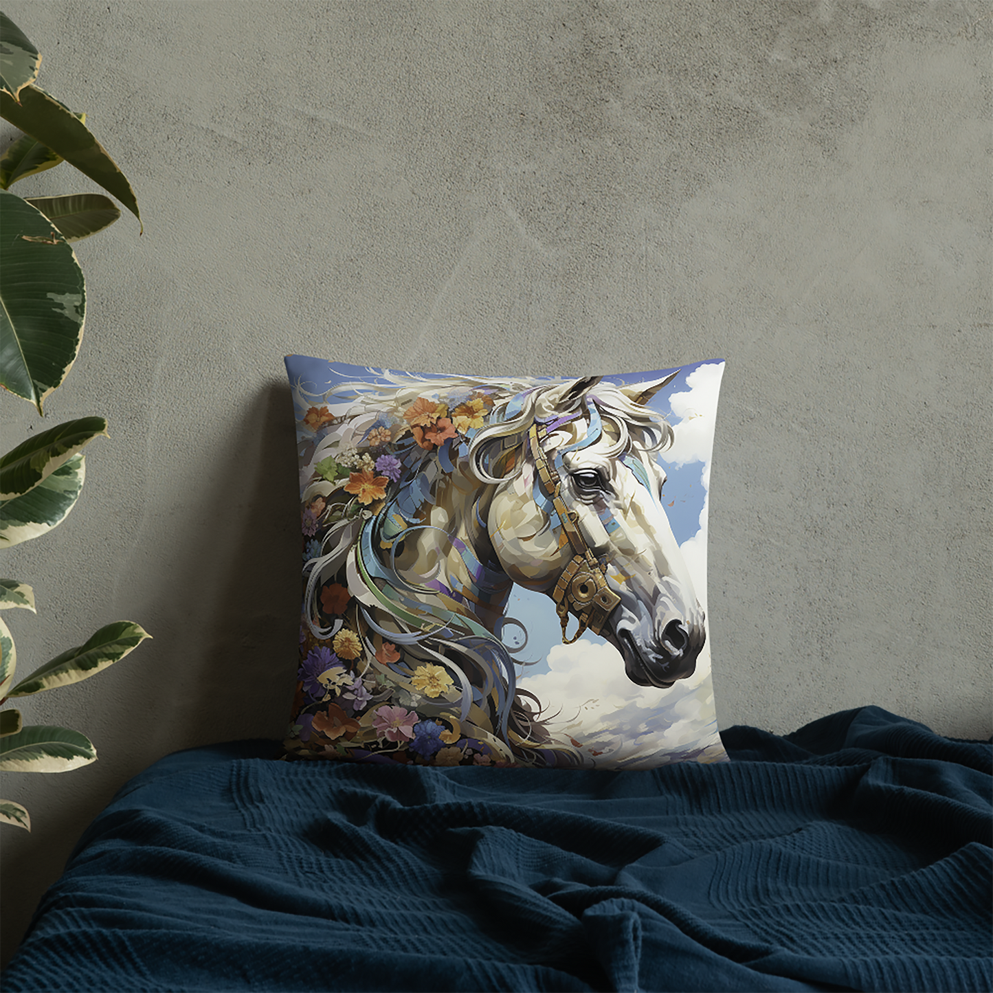 Horse Throw Pillow Fantasy Realism Floral Polyester Decorative Cushion 18x18