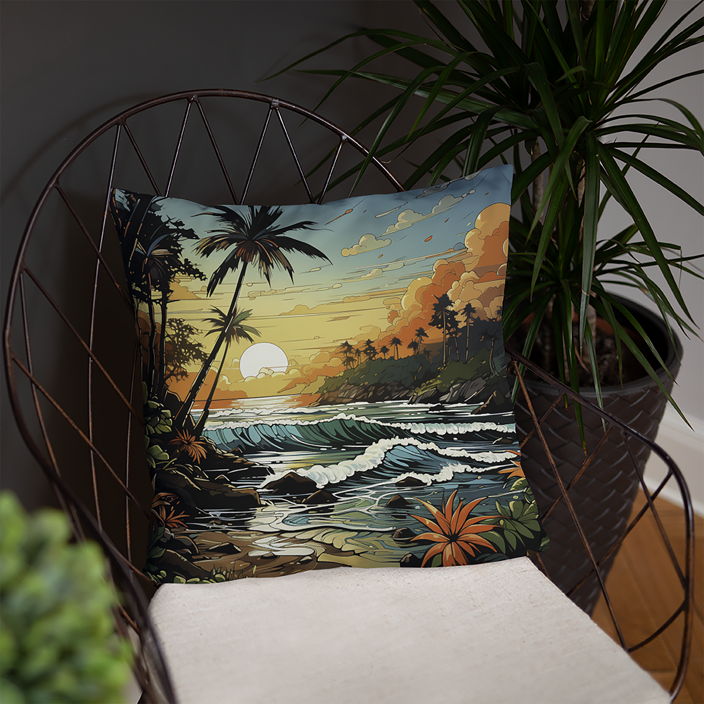 Beach Throw Pillow Tropical Sunset Expressive Polyester Decorative Cushion 18x18