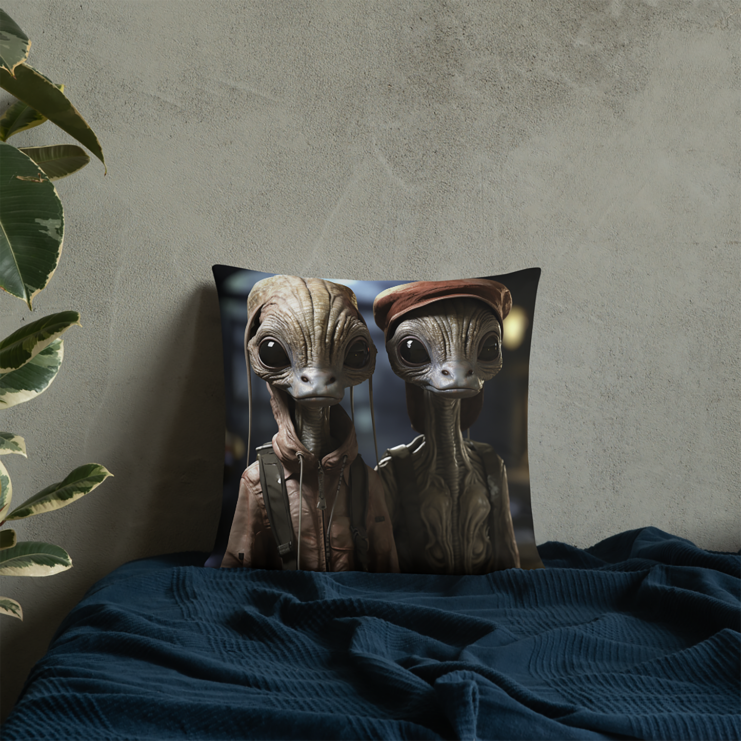 Space Throw Pillow Aliens in Red Caps and Coats Polyester Decorative Cushion 18x18