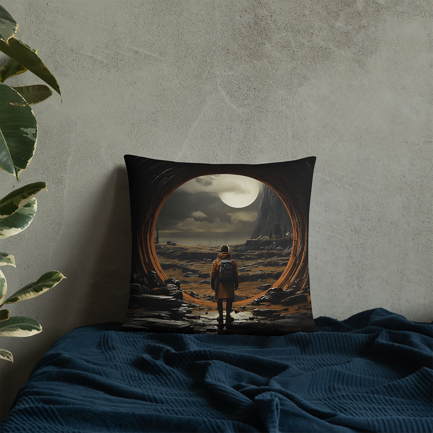 Space Throw Pillow Sci-Fi Moon Gazing Adventure Polyester Decorative Cushion 18x18