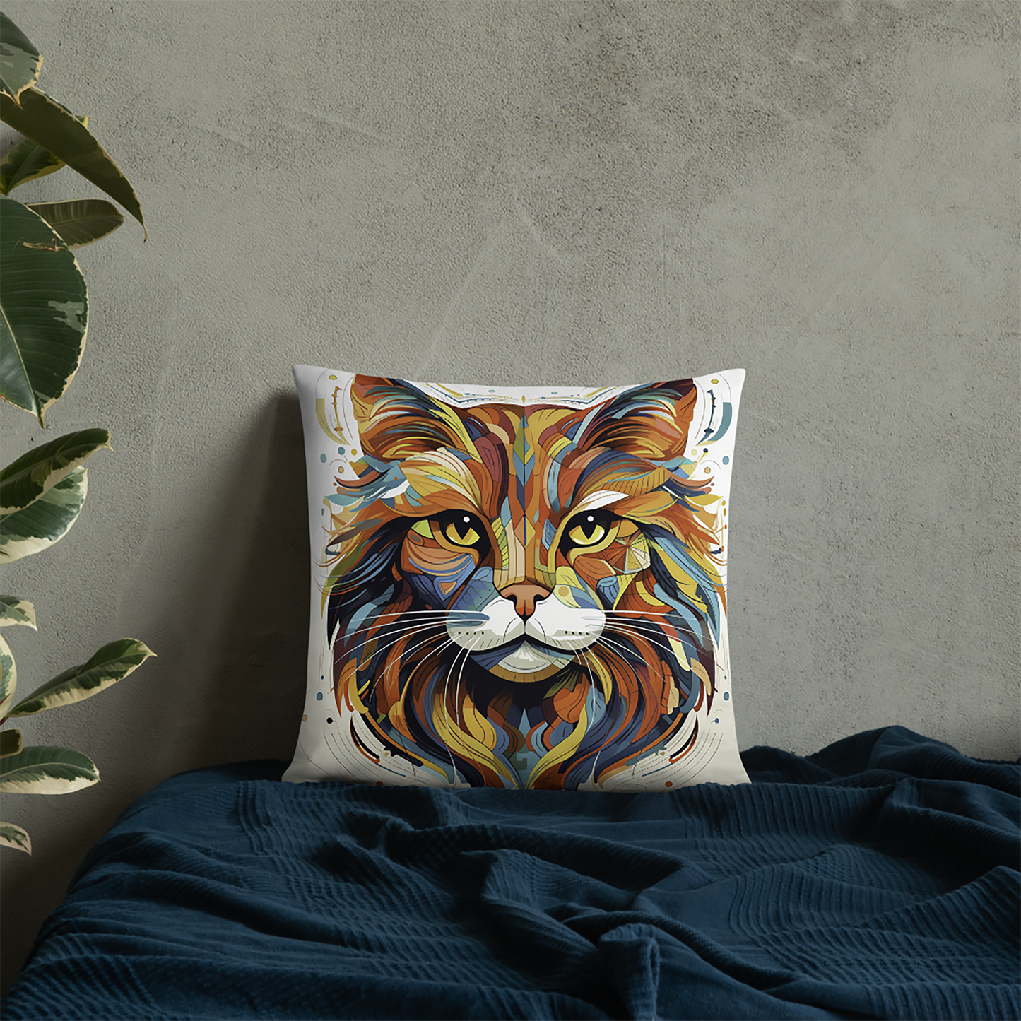 Cat Throw Pillow Vibrant Geometric Feline Detailed Portrait Polyester Decorative Cushion 18x18