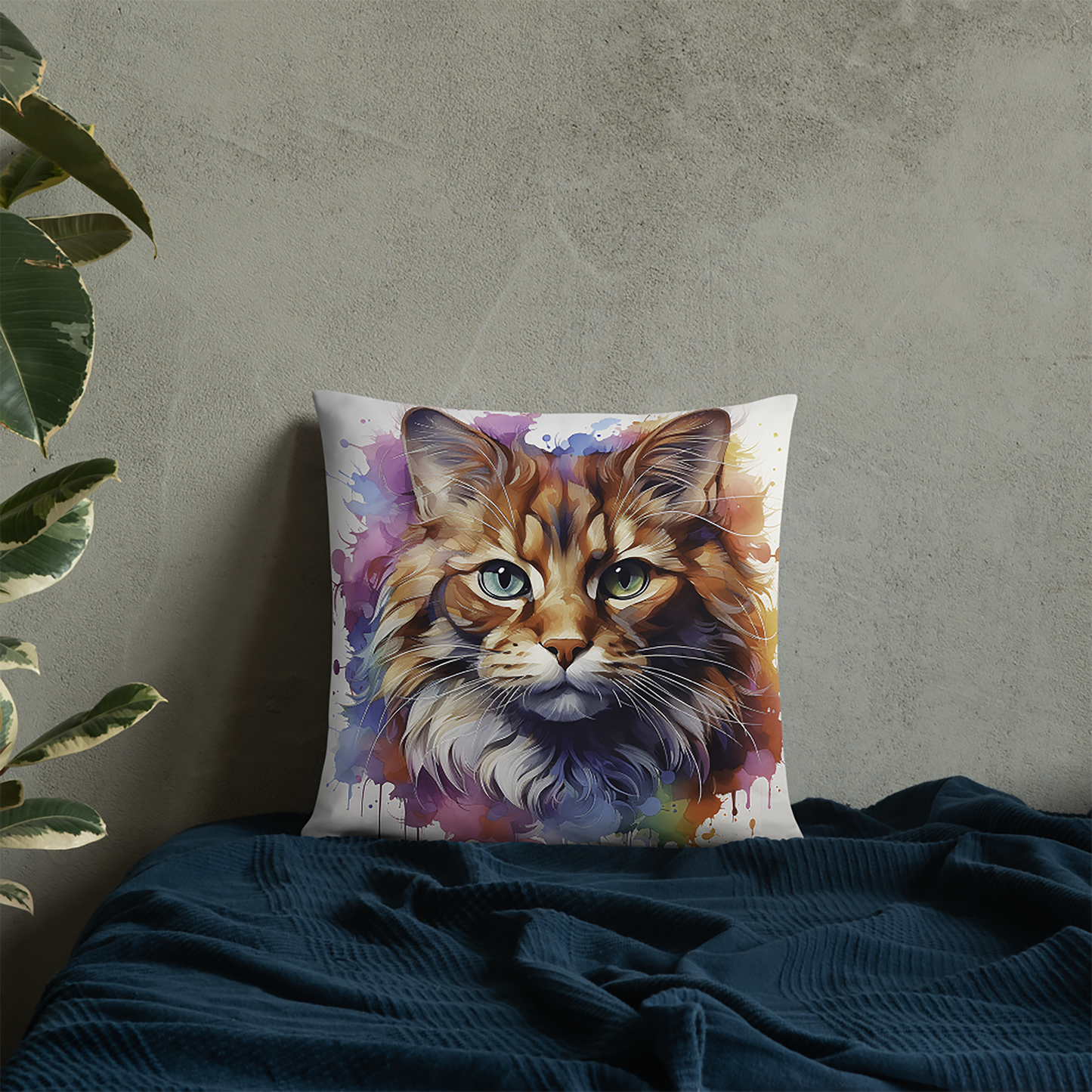 Cat Throw Pillow Watercolor Whiskers Heterochromatic Cat Polyester Decorative Cushion 18x18