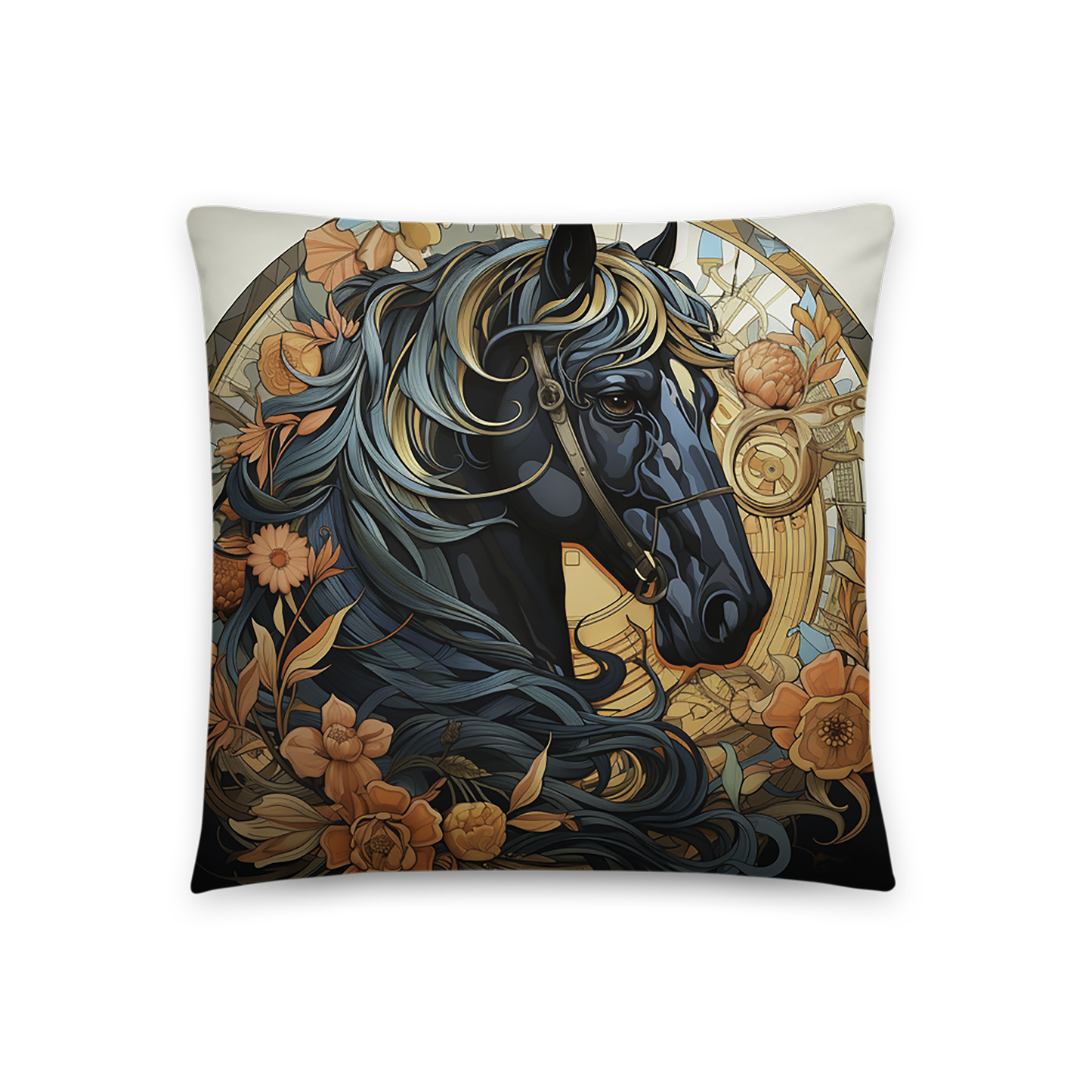 Horse Throw Pillow Dark Horse and Floral Charm Polyester Decorative Cushion 18x18