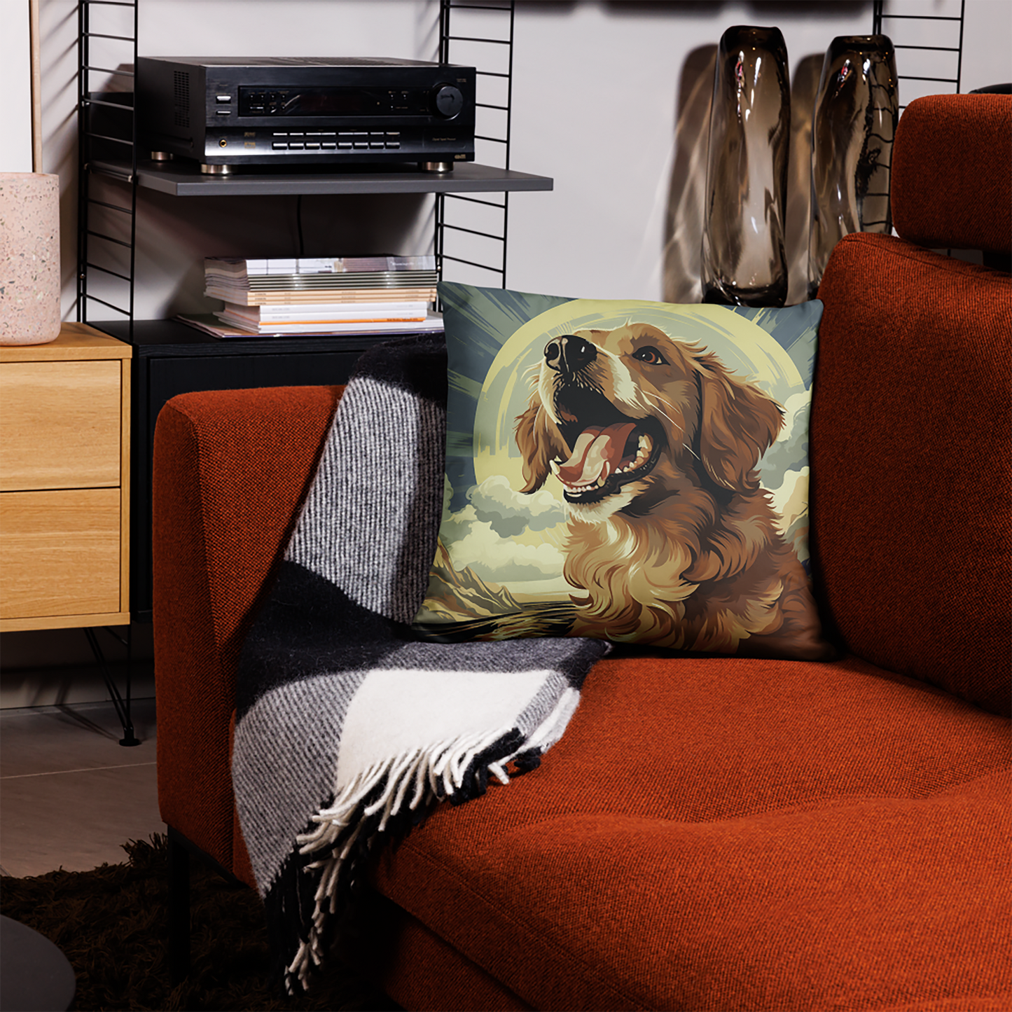 Dog Throw Pillow Joyful Golden Retriever Stencil Art Polyester Decorative Cushion 18x18