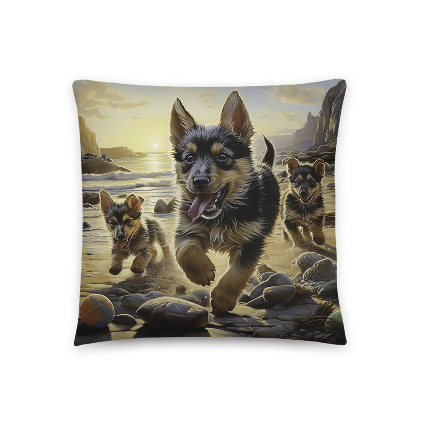 Dog Throw Pillow Joyful Puppies Beach Portraits Polyester Decorative Cushion 18x18