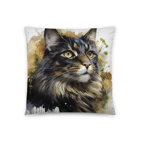 Cat Throw Pillow Majestic Feline Gaze Watercolor Portrait Polyester Decorative Cushion 18x18