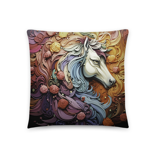 Horse Throw Pillow Sculptural Painted Horse and Roses Polyester Decorative Cushion 18x18