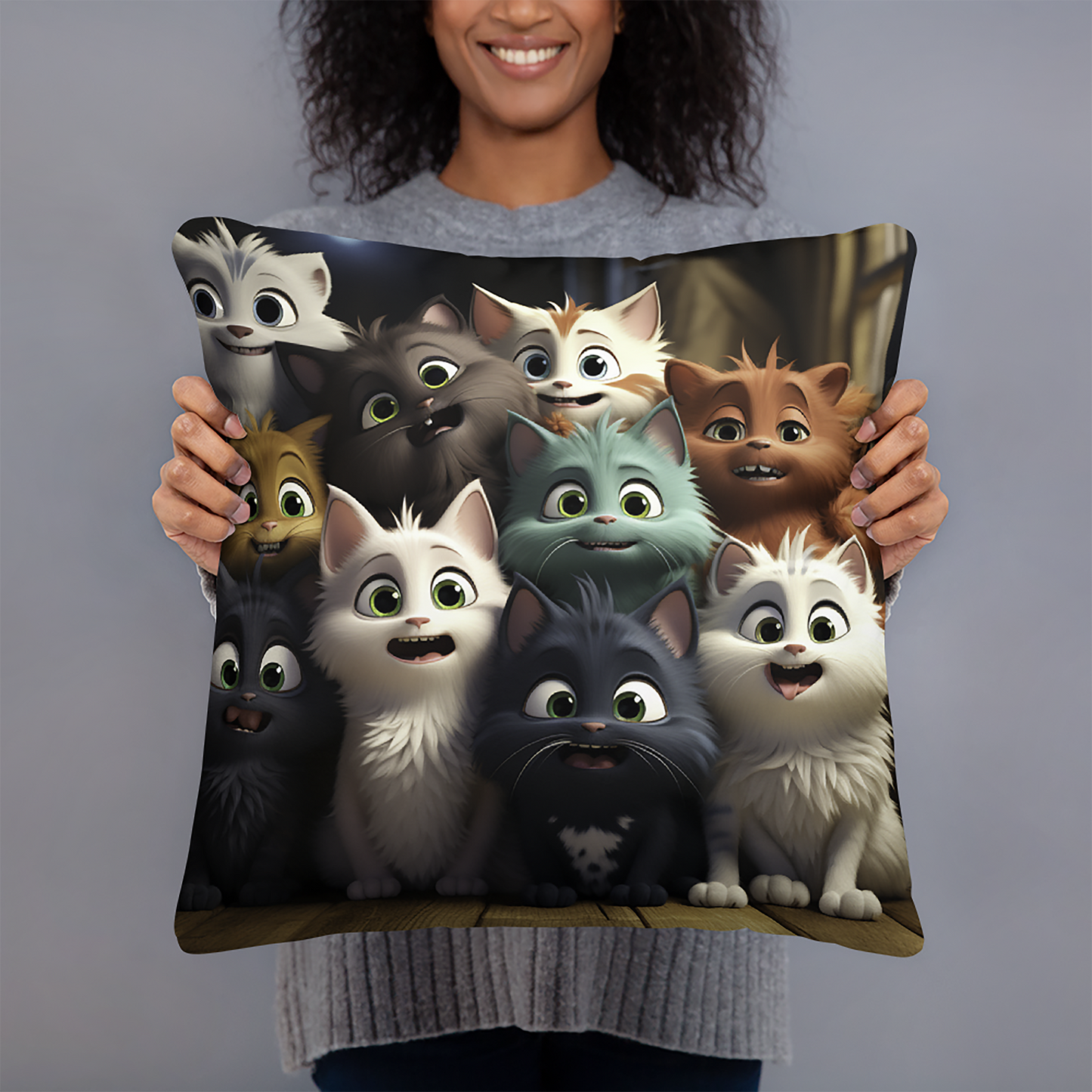 Cat Throw Pillow Animated Feline Gathering Polyester Decorative Cushion 18x18