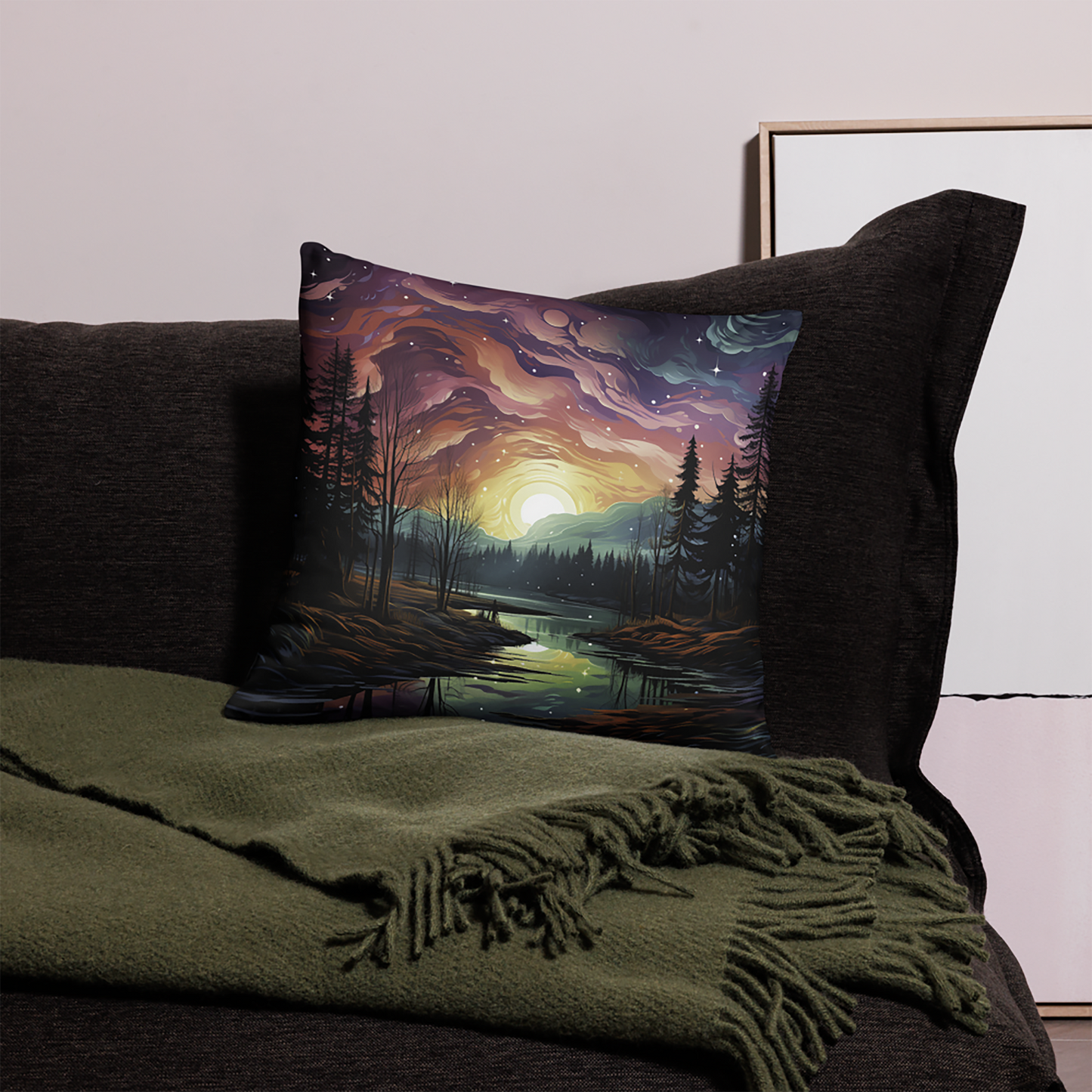 Landscape Throw Pillow Romantic Riverscape Cosmic Wilderness Polyester Decorative Cushion 18x18