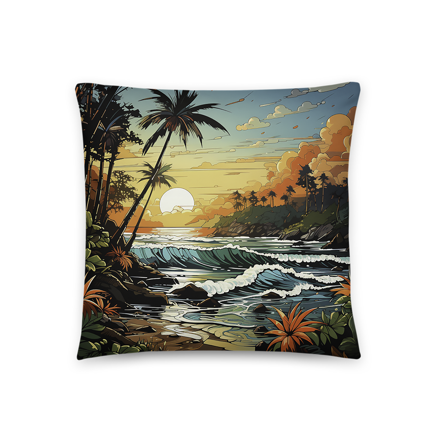 Beach Throw Pillow Tropical Sunset Expressive Polyester Decorative Cushion 18x18