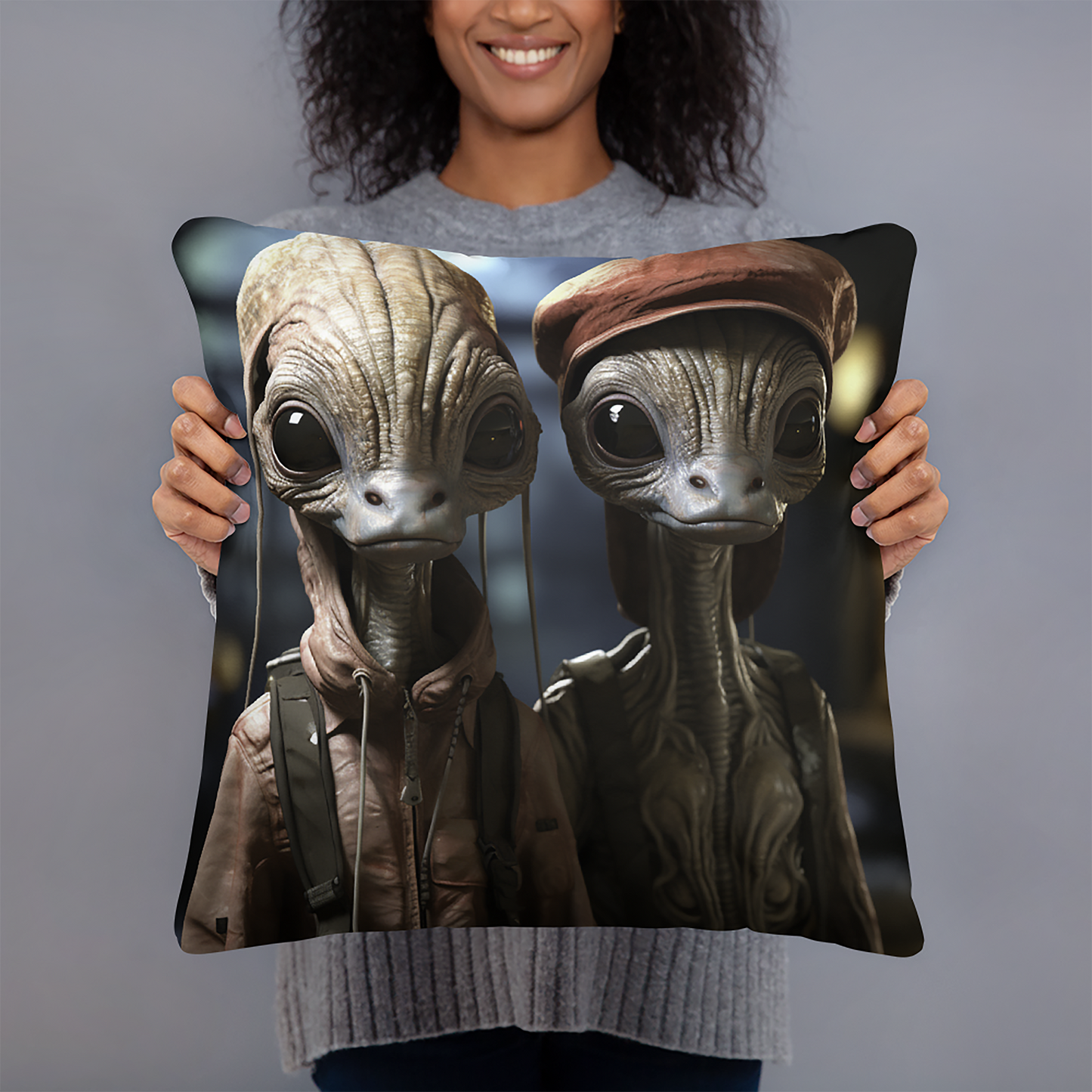 Space Throw Pillow Aliens in Red Caps and Coats Polyester Decorative Cushion 18x18