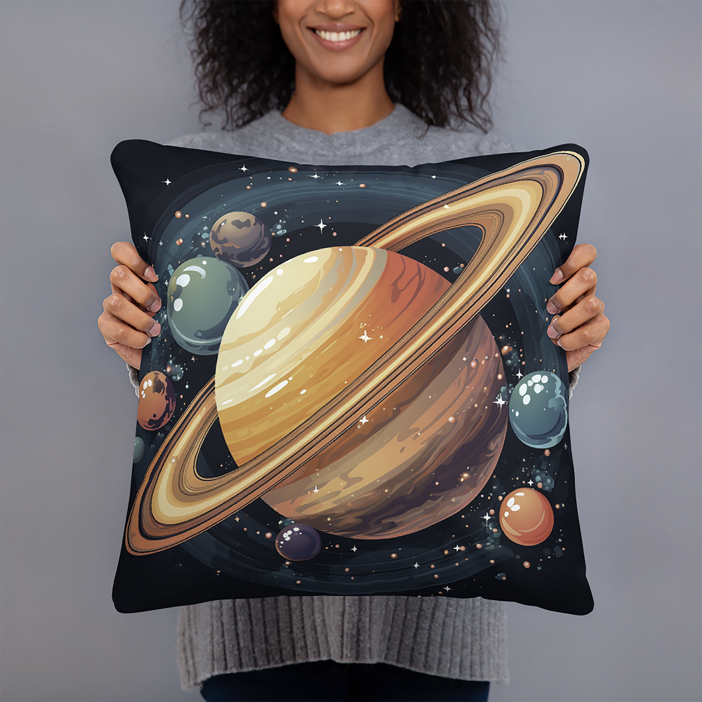 Space Throw Pillow Radiant Saturn Cluster Polyester Decorative Cushion 18x18