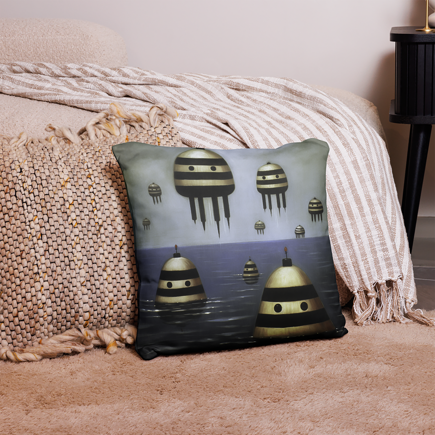 Space Throw Pillow Surreal Robotic UFO Fleet Polyester Decorative Cushion 18x18