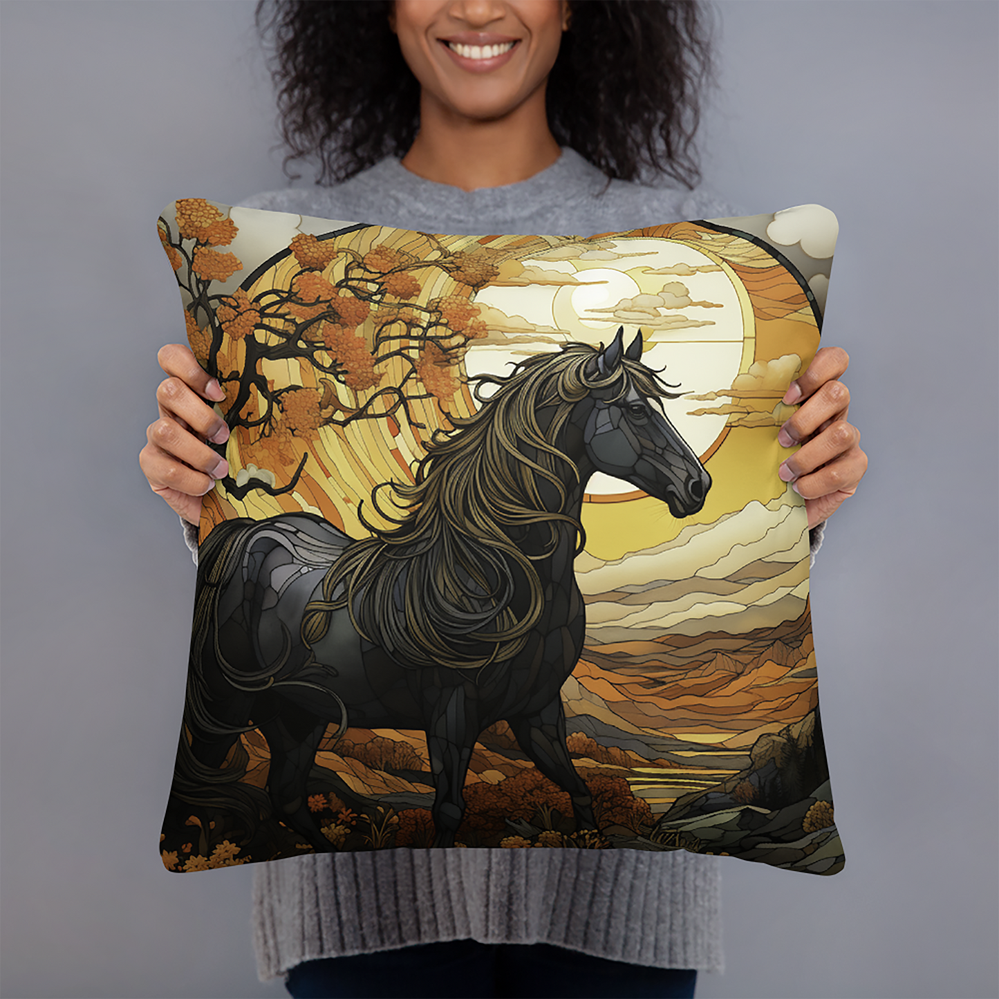 Horse Throw Pillow Autumn Landscape Art Nouveau Polyester Decorative Cushion 18x18