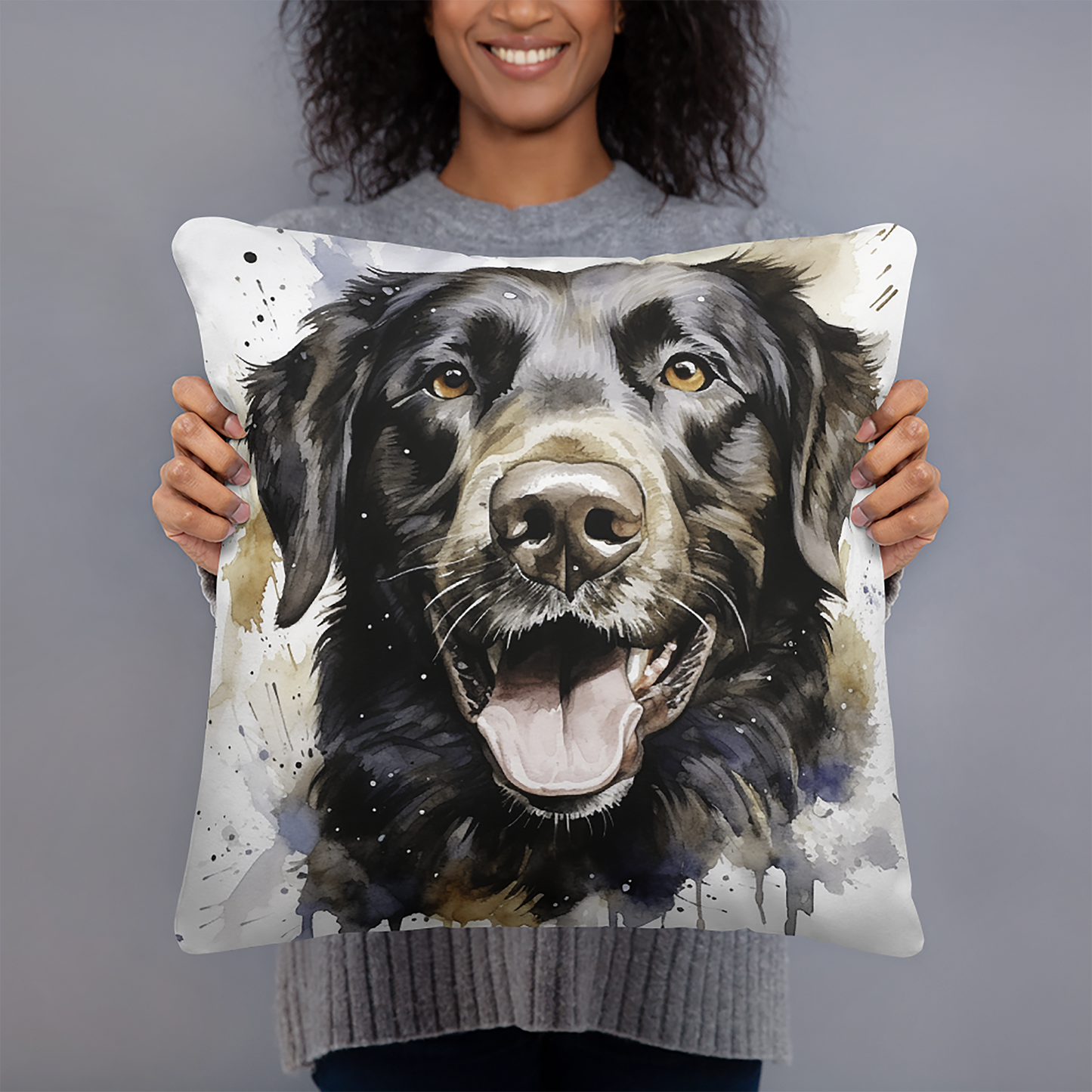 Dog Throw Pillow Black Labrador Realism Watercolor Polyester Decorative Cushion 18x18