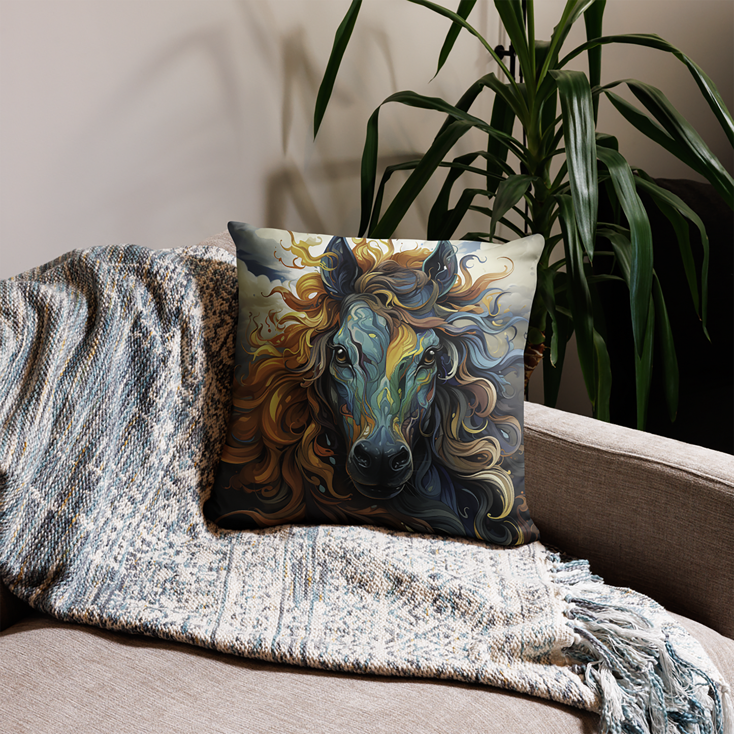 Horse Throw Pillow Fantasy Horse Spirit Illustration Polyester Decorative Cushion 18x18