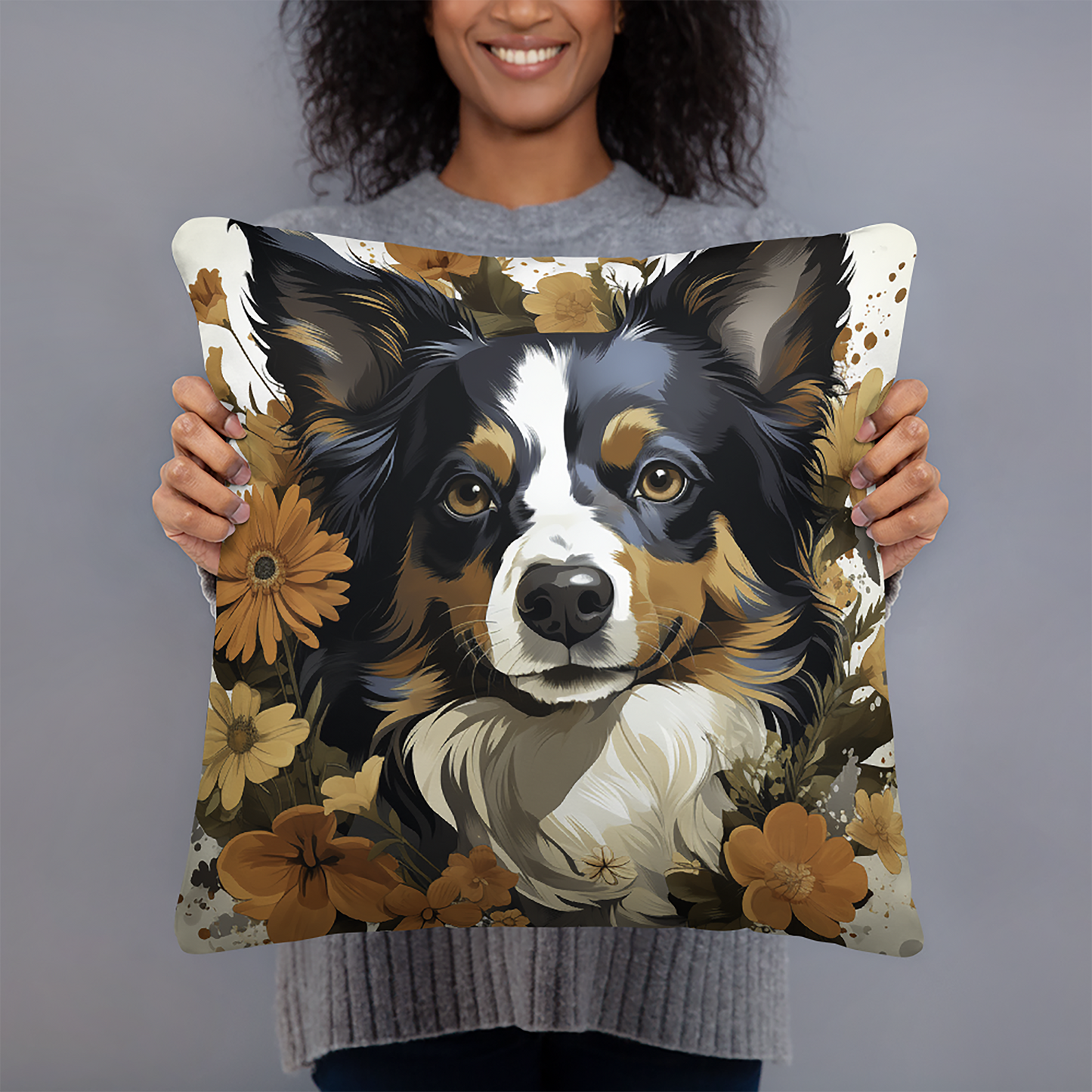 Dog Throw Pillow Floral Crowned Border Collie Polyester Decorative Cushion 18x18
