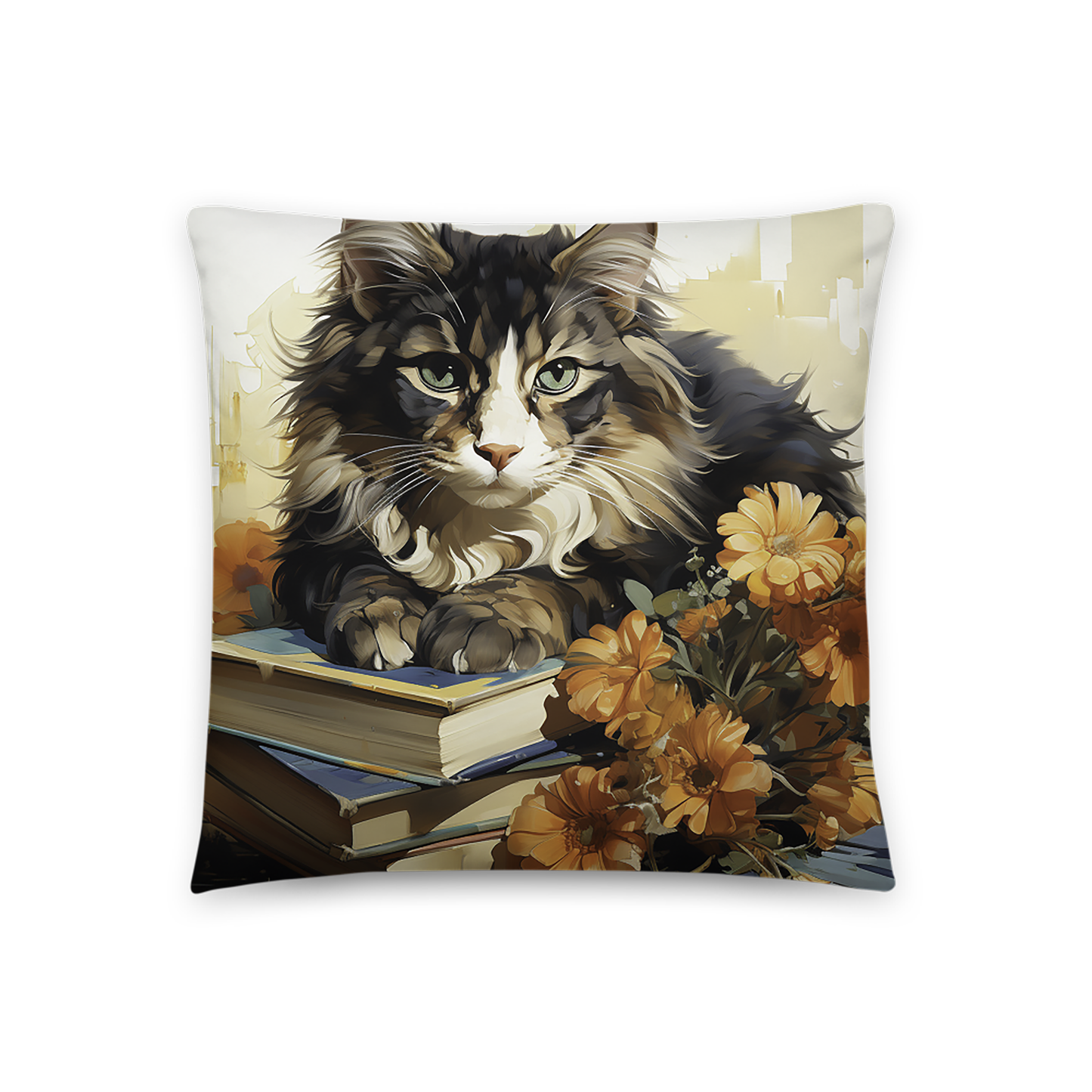 Cat Throw Pillow Floral Feline Study Graphic Illustration Polyester Decorative Cushion 18x18