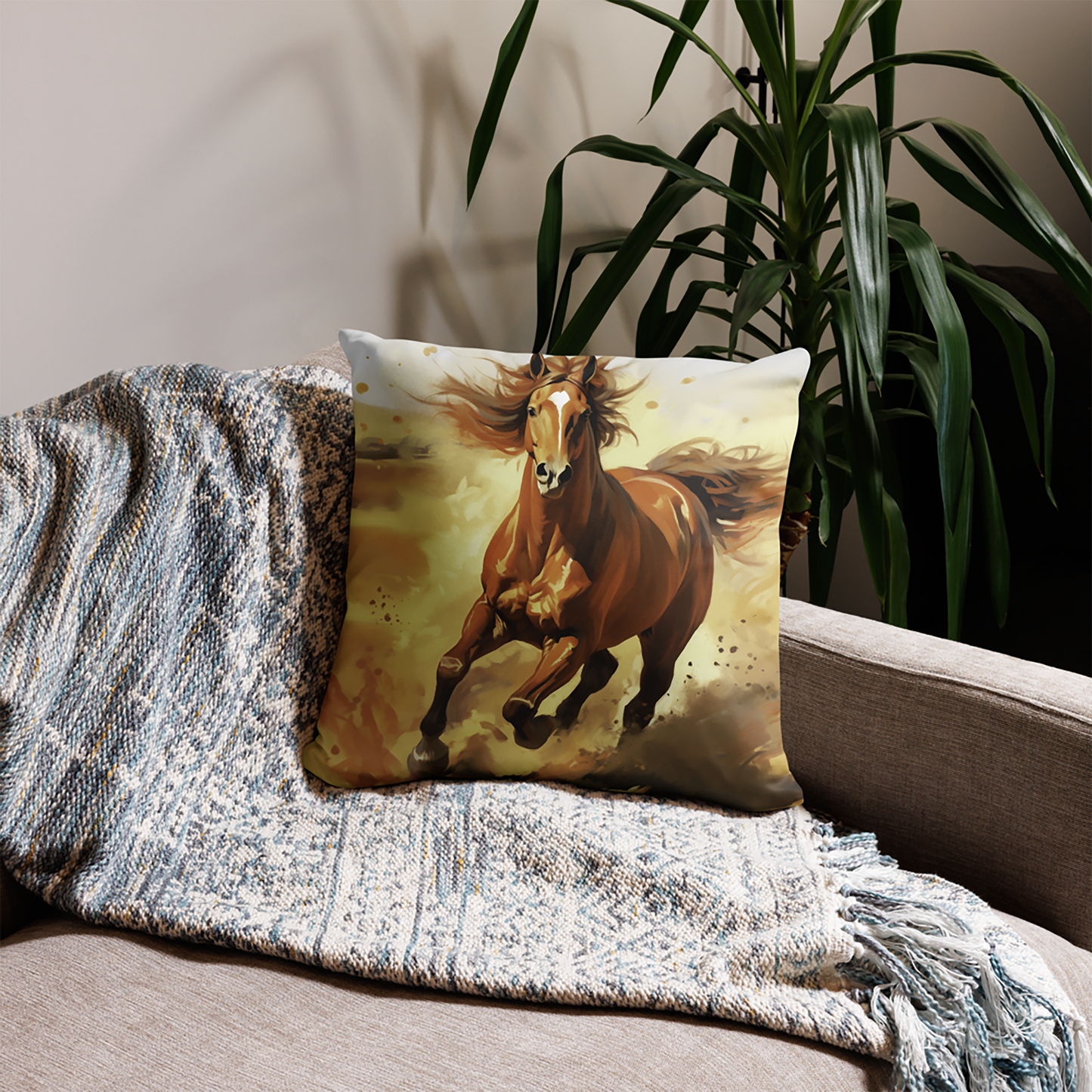 Horse Throw Pillow Majestic Stallion Speedpainting Polyester Decorative Cushion 18x18