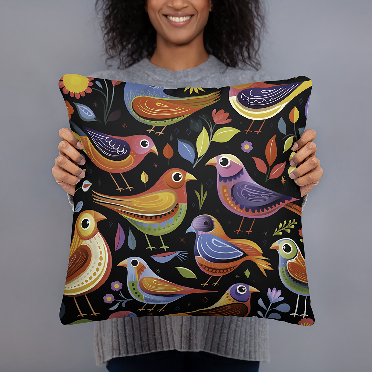 Bird Throw Pillow Radiant Folk Art Bird Polyester Decorative Cushion 18x18