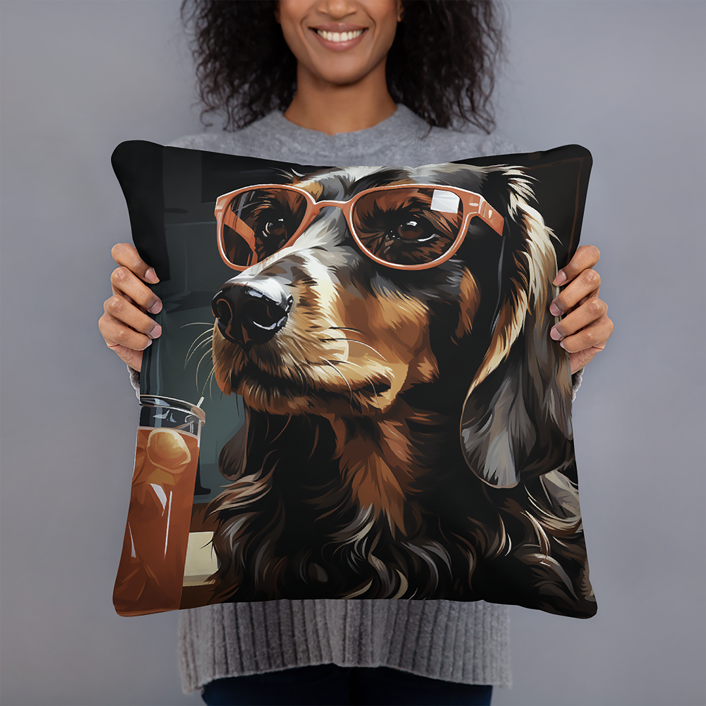 Dog Throw Pillow Retro Dog Neon Portrait Polyester Decorative Cushion 18x18
