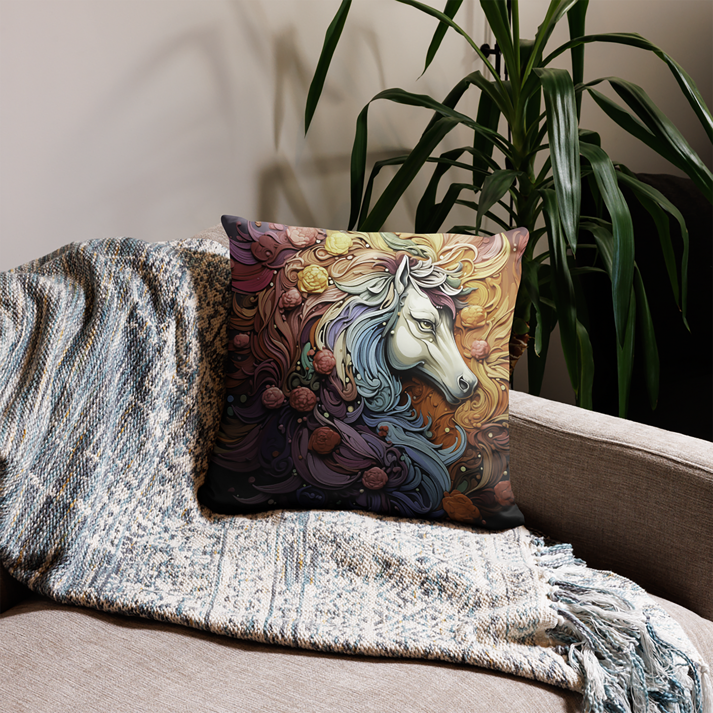 Horse Throw Pillow Sculptural Painted Horse and Roses Polyester Decorative Cushion 18x18