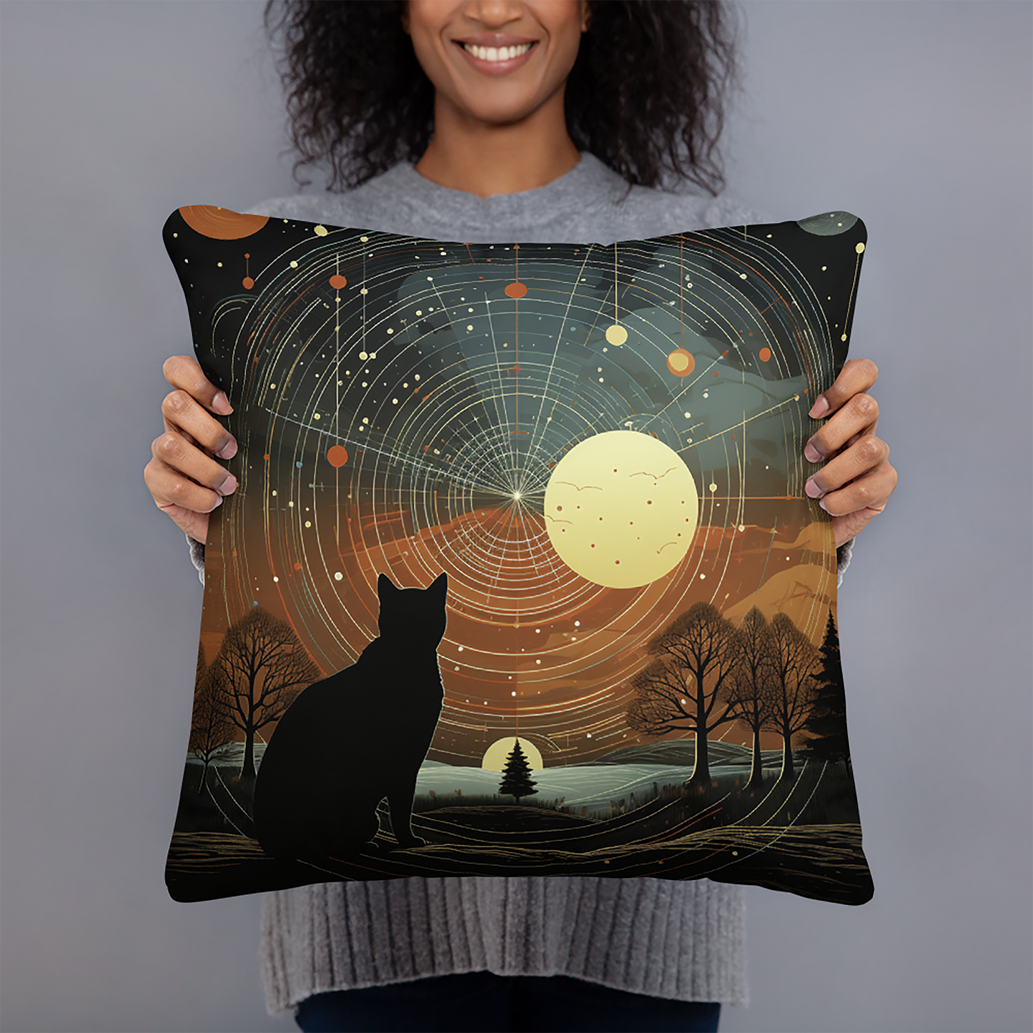 Cat Throw Pillow Stargazing Feline Cosmic Landscape Polyester Decorative Cushion 18x18