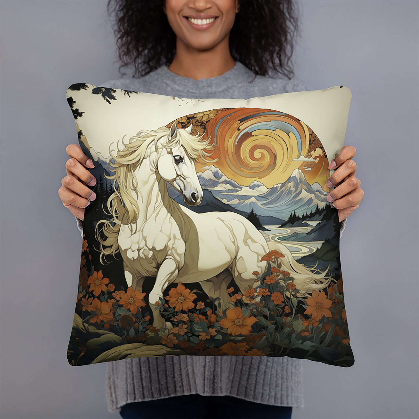 Horse Throw Pillow Sunburst Horse and Floral Fantasy Polyester Decorative Cushion 18x18