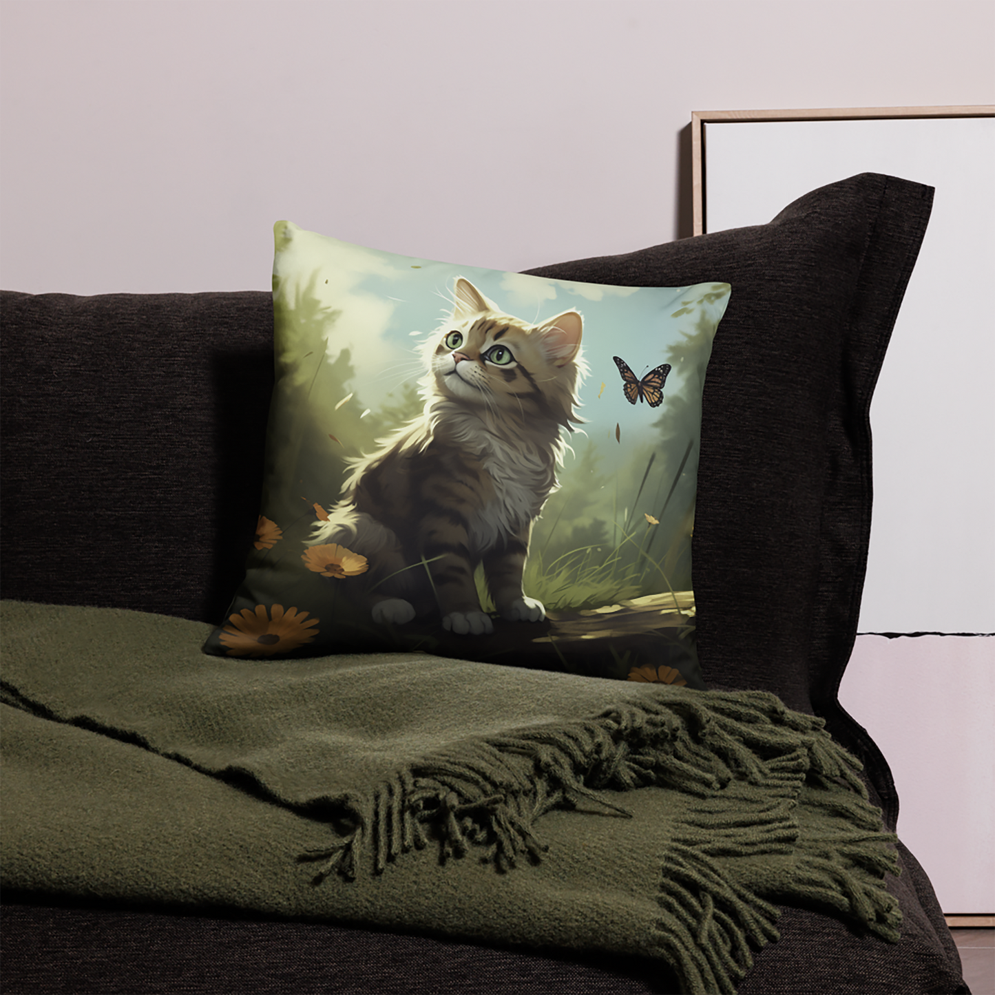 Cat Throw Pillow Verdant Whiskers Hyper-Realistic Cat Polyester Decorative Cushion 18x18