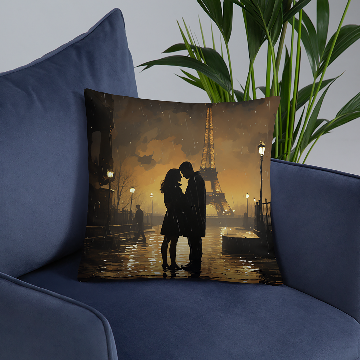 Couples Throw Pillow Parisian Rainy Romance Polyester Decorative Cushion 18x18