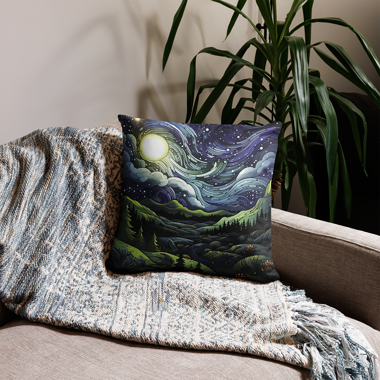 Landscape Throw Pillow Starry Sky Cartoon Polyester Decorative Cushion 18x18