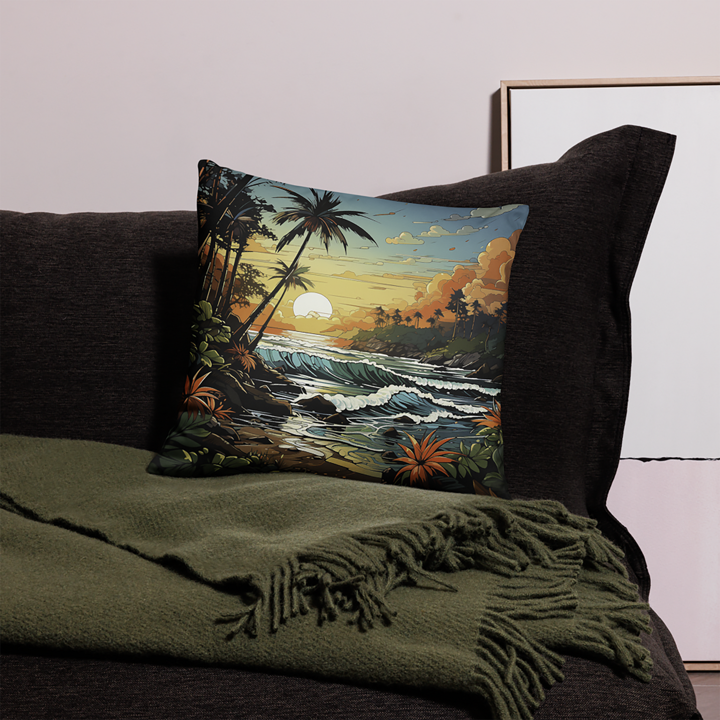 Beach Throw Pillow Tropical Sunset Expressive Polyester Decorative Cushion 18x18