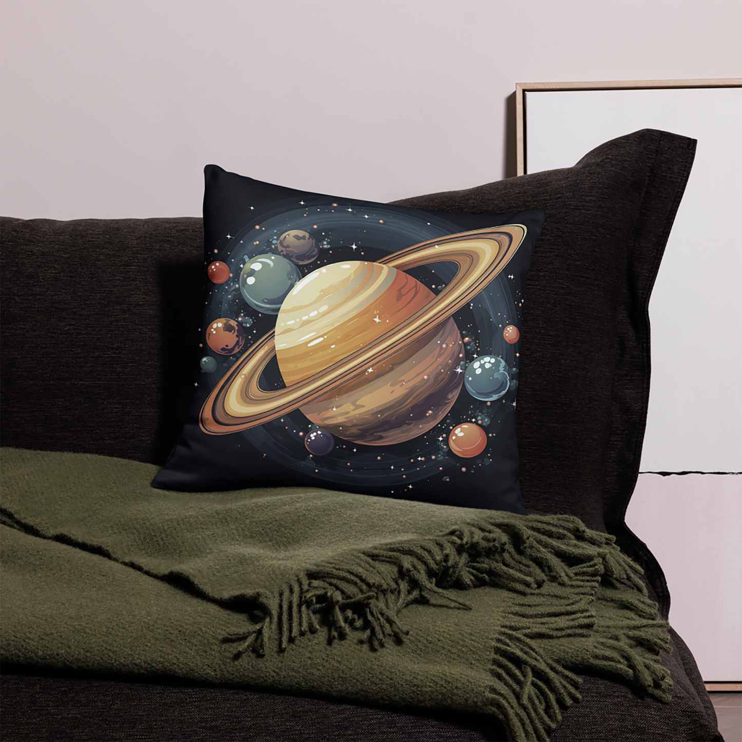 Space Throw Pillow Radiant Saturn Cluster Polyester Decorative Cushion 18x18