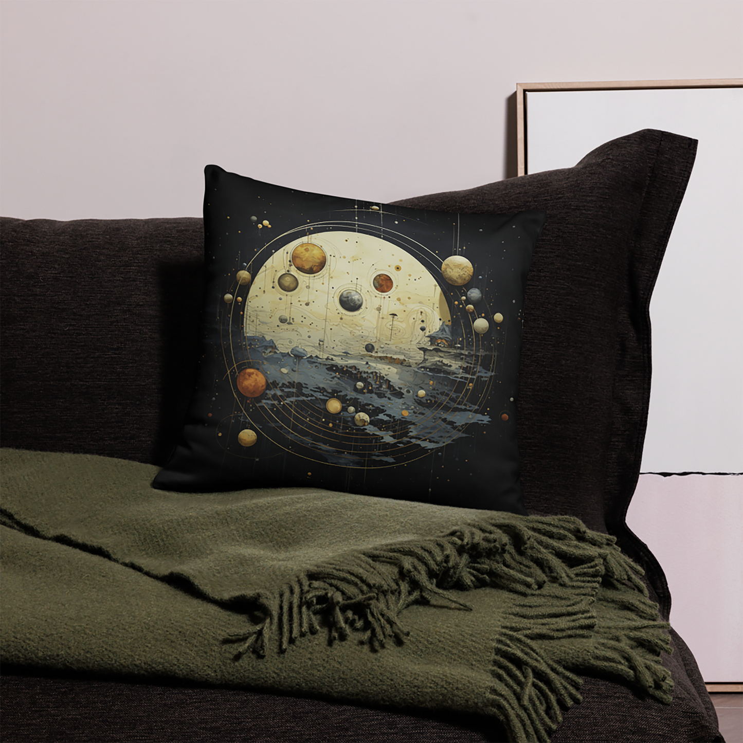 Space Throw Pillow Rustic Futurism Solar System Polyester Decorative Cushion 18x18