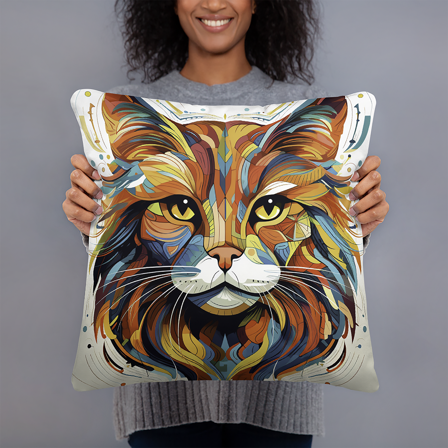 Cat Throw Pillow Vibrant Geometric Feline Detailed Portrait Polyester Decorative Cushion 18x18
