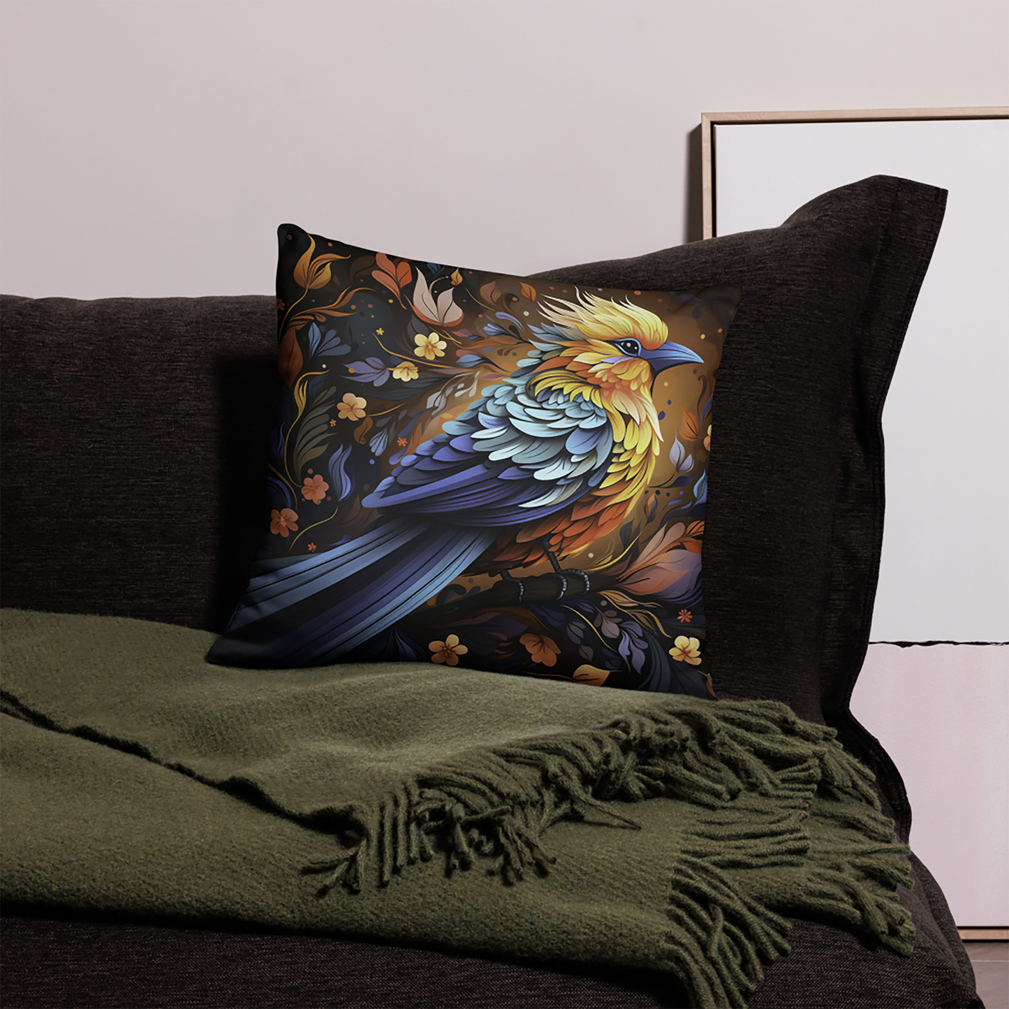 Bird Throw Pillow Exotic Landscape Bird Art Polyester Decorative Cushion 18x18