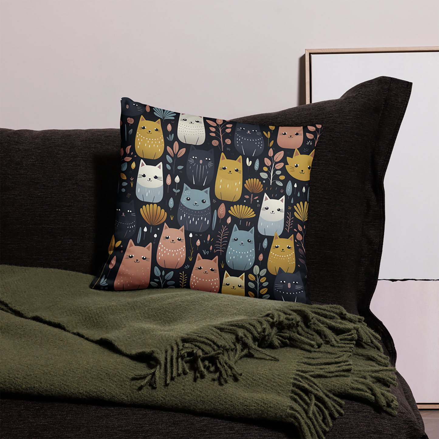 Cat Throw Pillow Feline Fiesta Cartoon Cats and Flowers Polyester Decorative Cushion 18x18