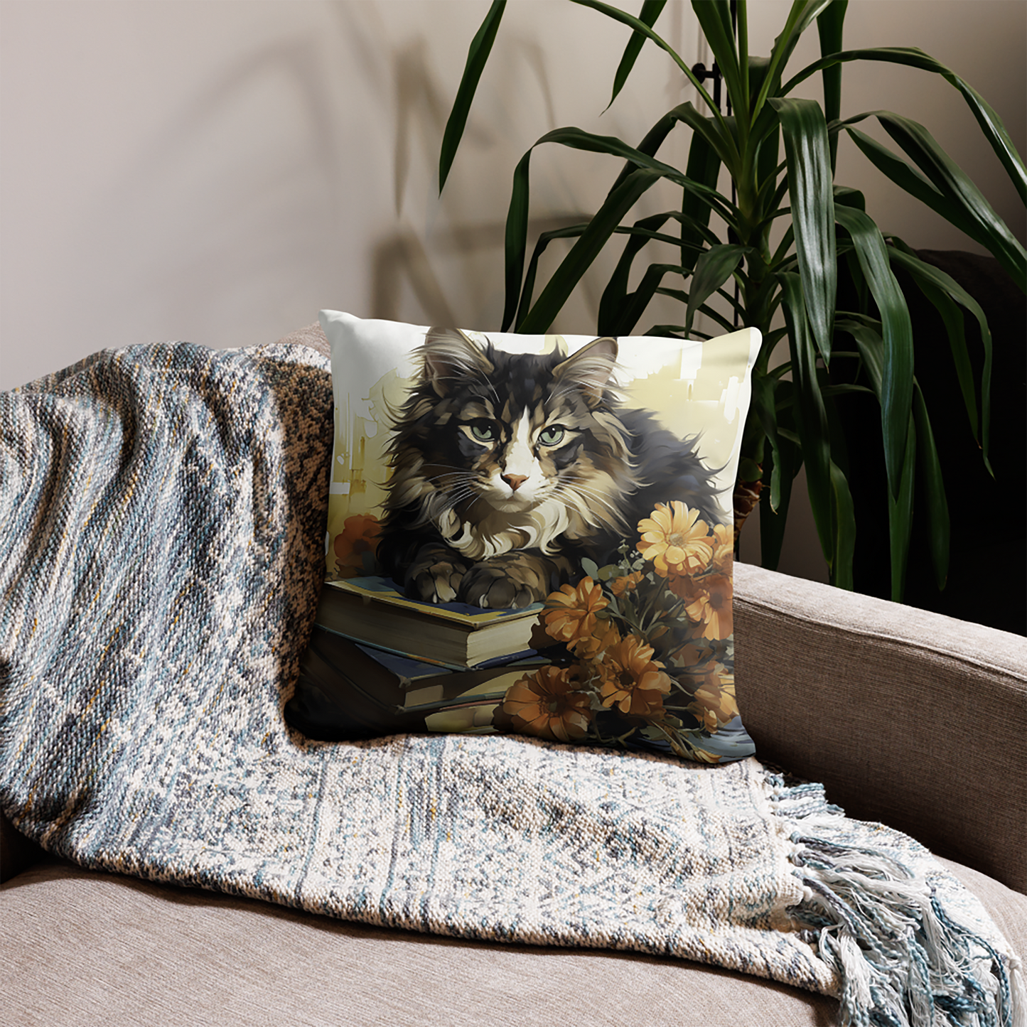 Cat Throw Pillow Floral Feline Study Graphic Illustration Polyester Decorative Cushion 18x18