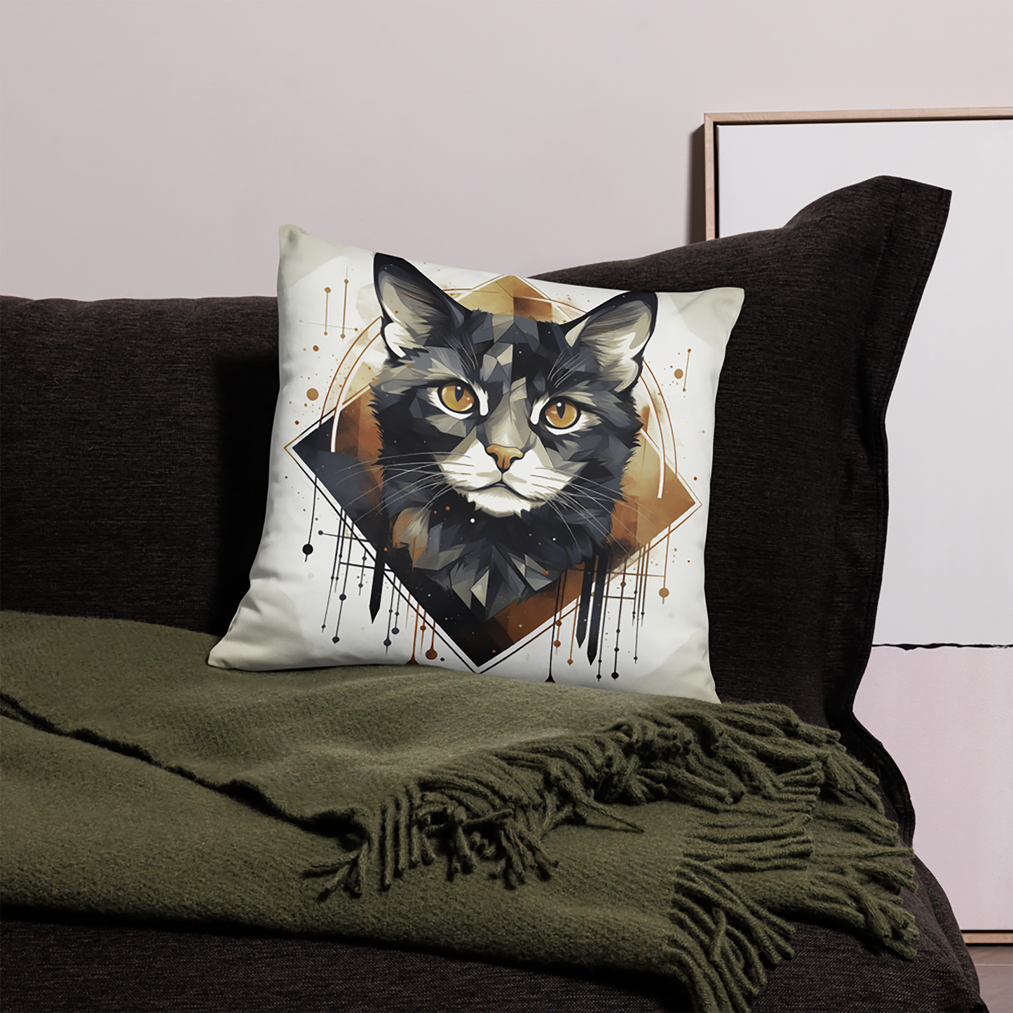 Cat Throw Pillow Geometric Feline Gaze Watercolor Illustration Polyester Decorative Cushion 18x18