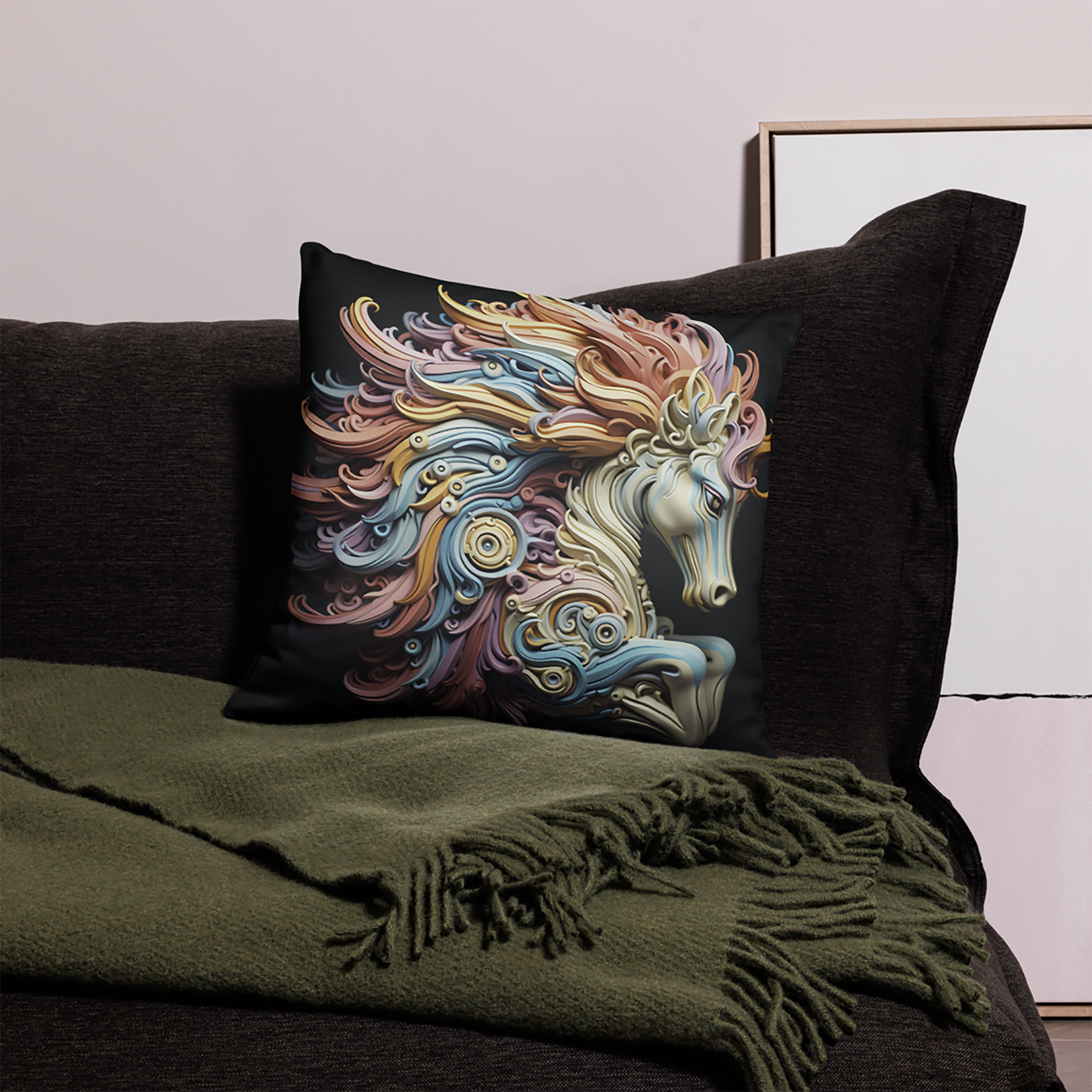 Horse Throw Pillow Intricate 3D Horse Sculpture Polyester Decorative Cushion 18x18