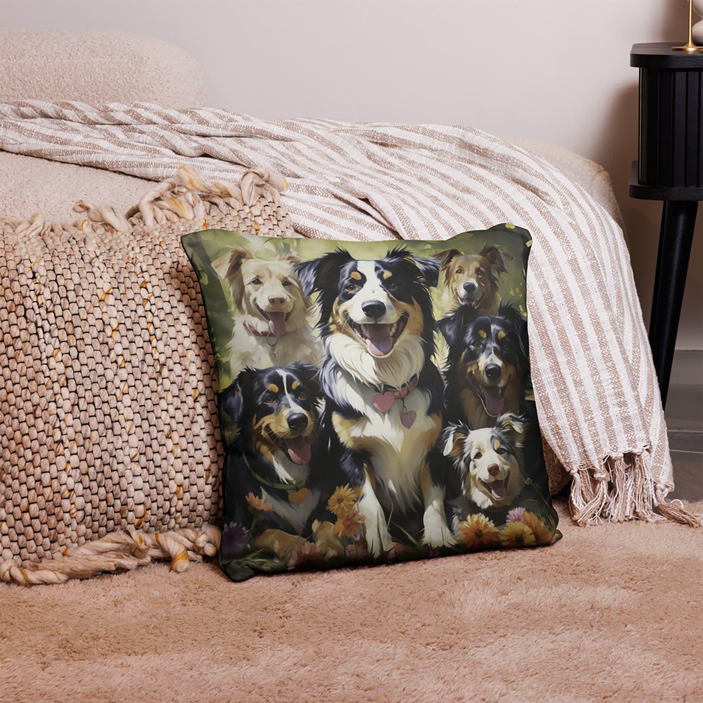 Dog Throw Pillow Joyful Canine Gathering in Nature Polyester Decorative Cushion 18x18