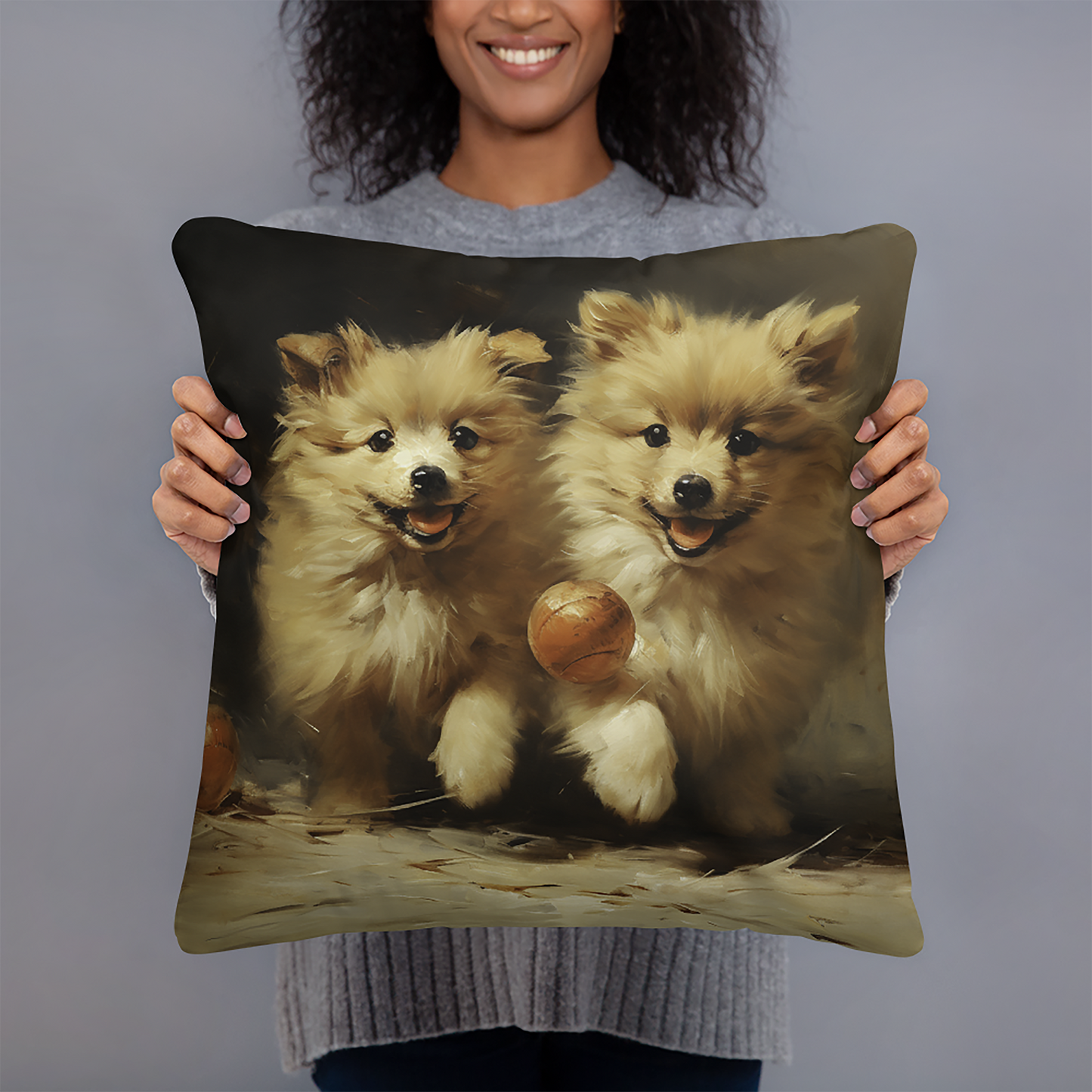 Dog Throw Pillow Playful Puppies Chase Ball Polyester Decorative Cushion 18x18