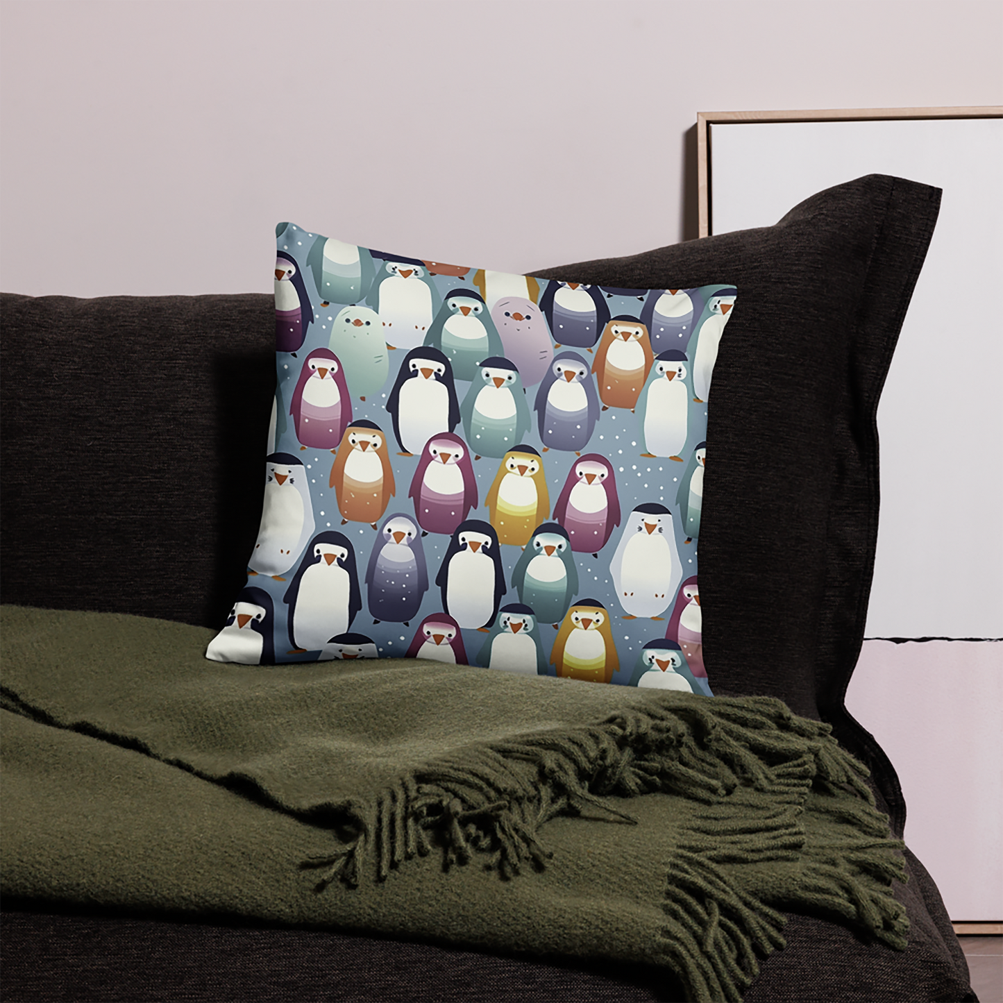 Bird Throw Pillow Snowy Penguin Pattern Art Polyester Decorative Cushion 18x18